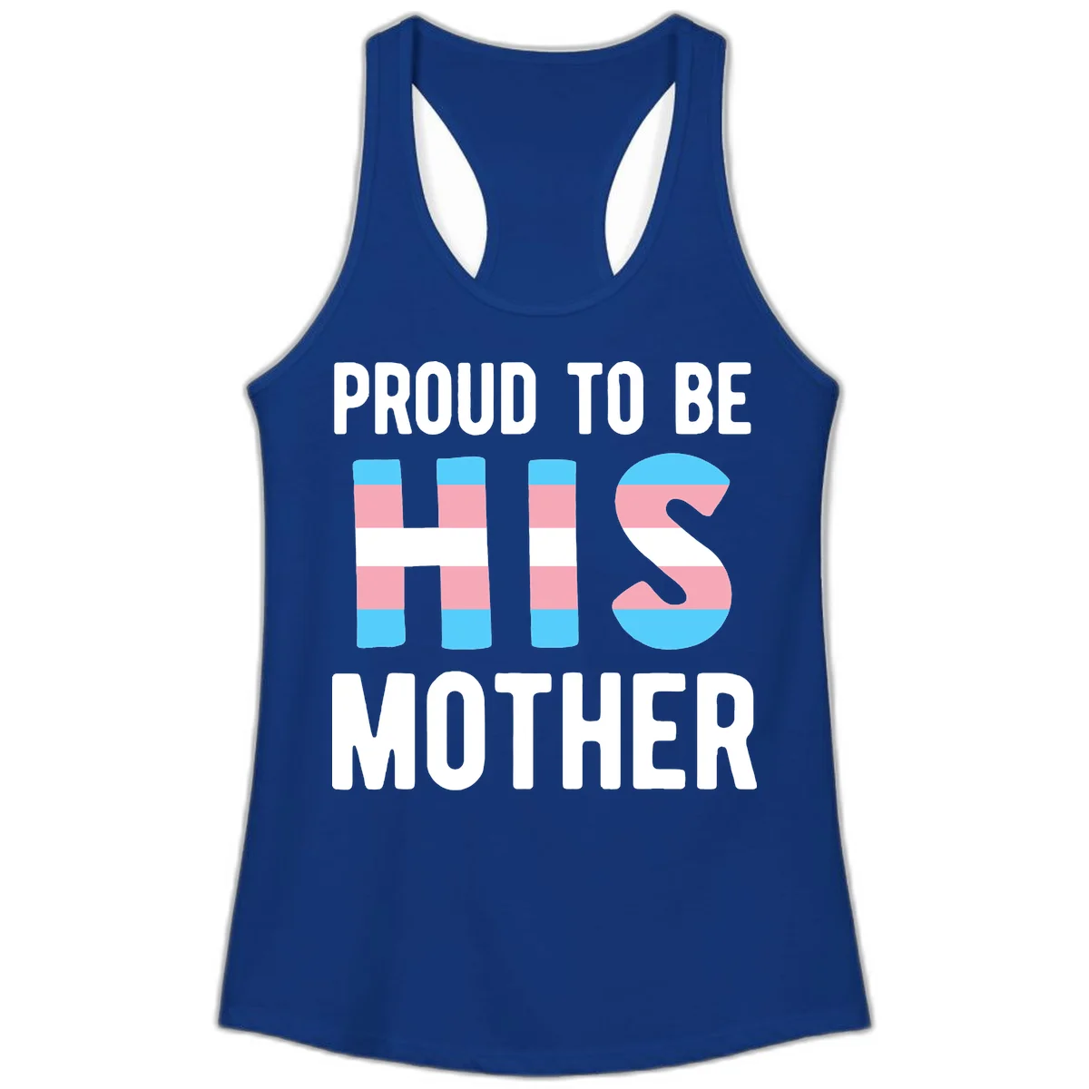 Proud trans mother design with blue, pink, and white striped cylinders and letter S featuring trans pride flag colors in Solid Royal