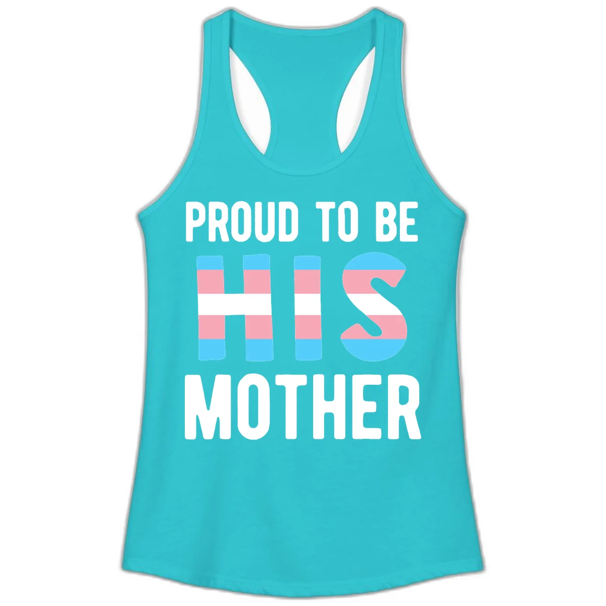 Proud trans mother design with blue, pink, and white striped cylinders and letter S featuring trans pride flag colors in Solid Tahiti Blue