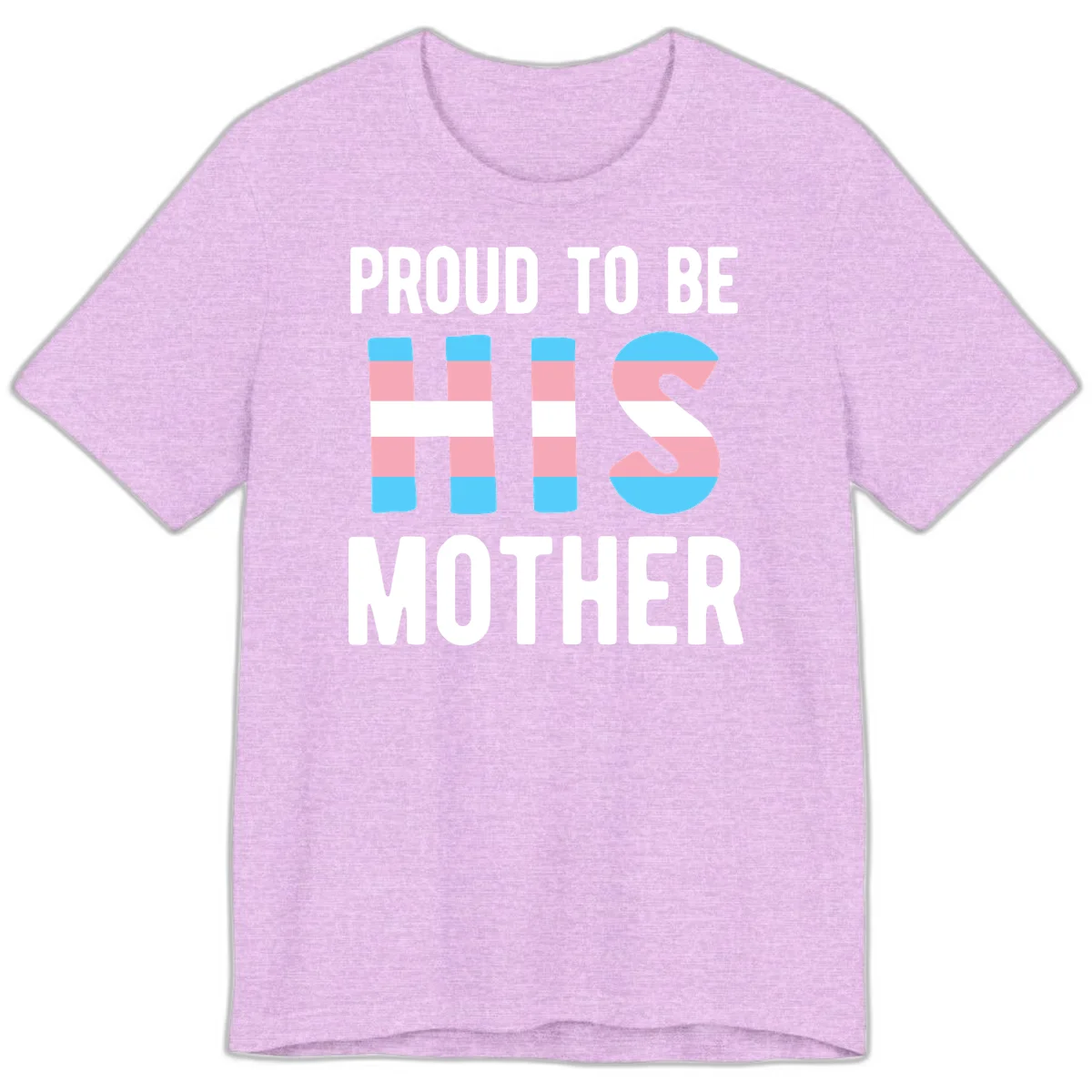 Proud trans mother design with blue, pink, and white striped cylinders and letter S featuring trans pride flag colors in Heather Prism Lilac