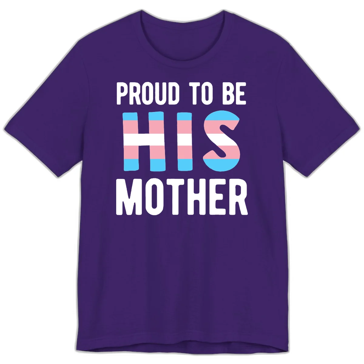 Proud trans mother design with blue, pink, and white striped cylinders and letter S featuring trans pride flag colors in Team Purple