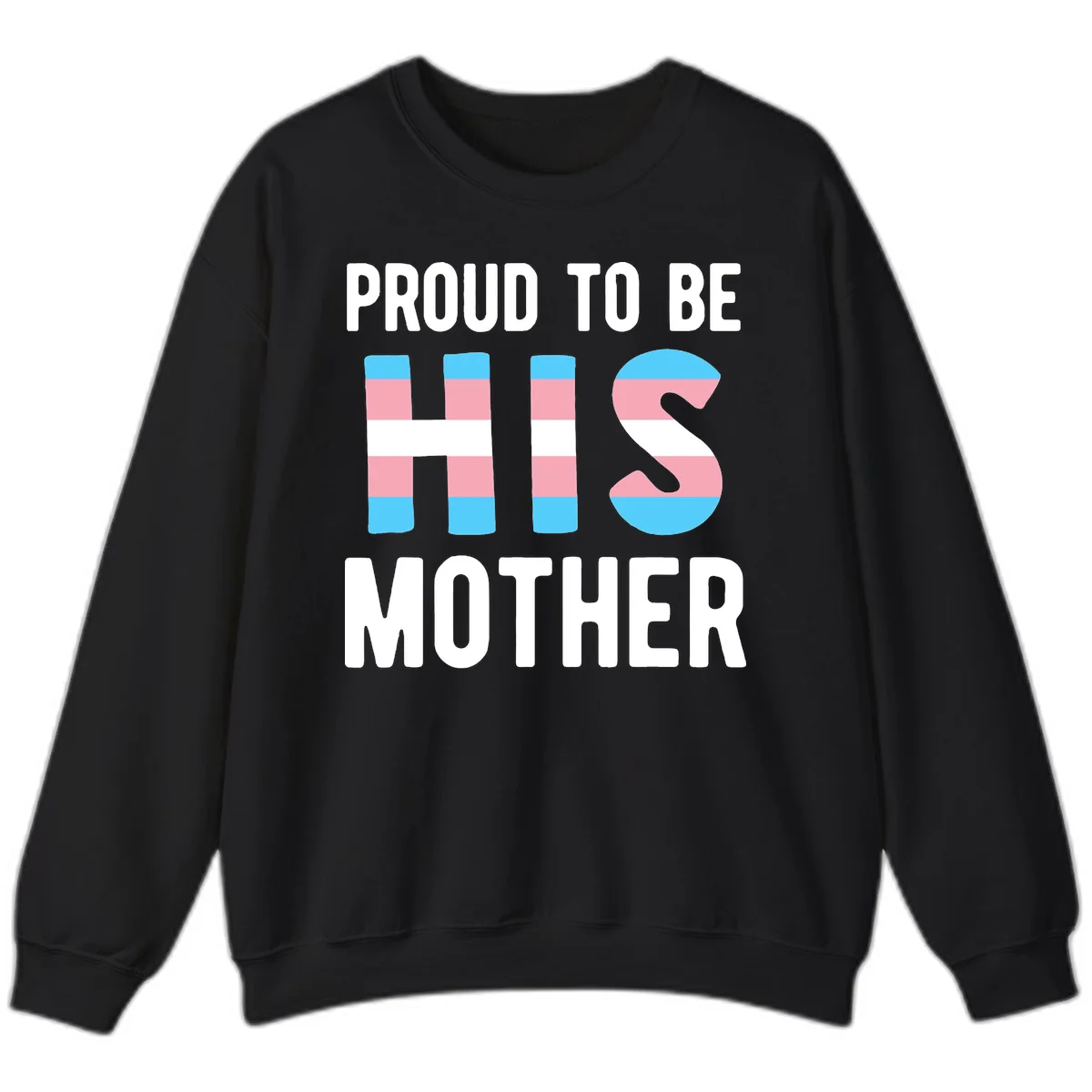Proud trans mother design with blue, pink, and white striped cylinders and letter S featuring trans pride flag colors in Black