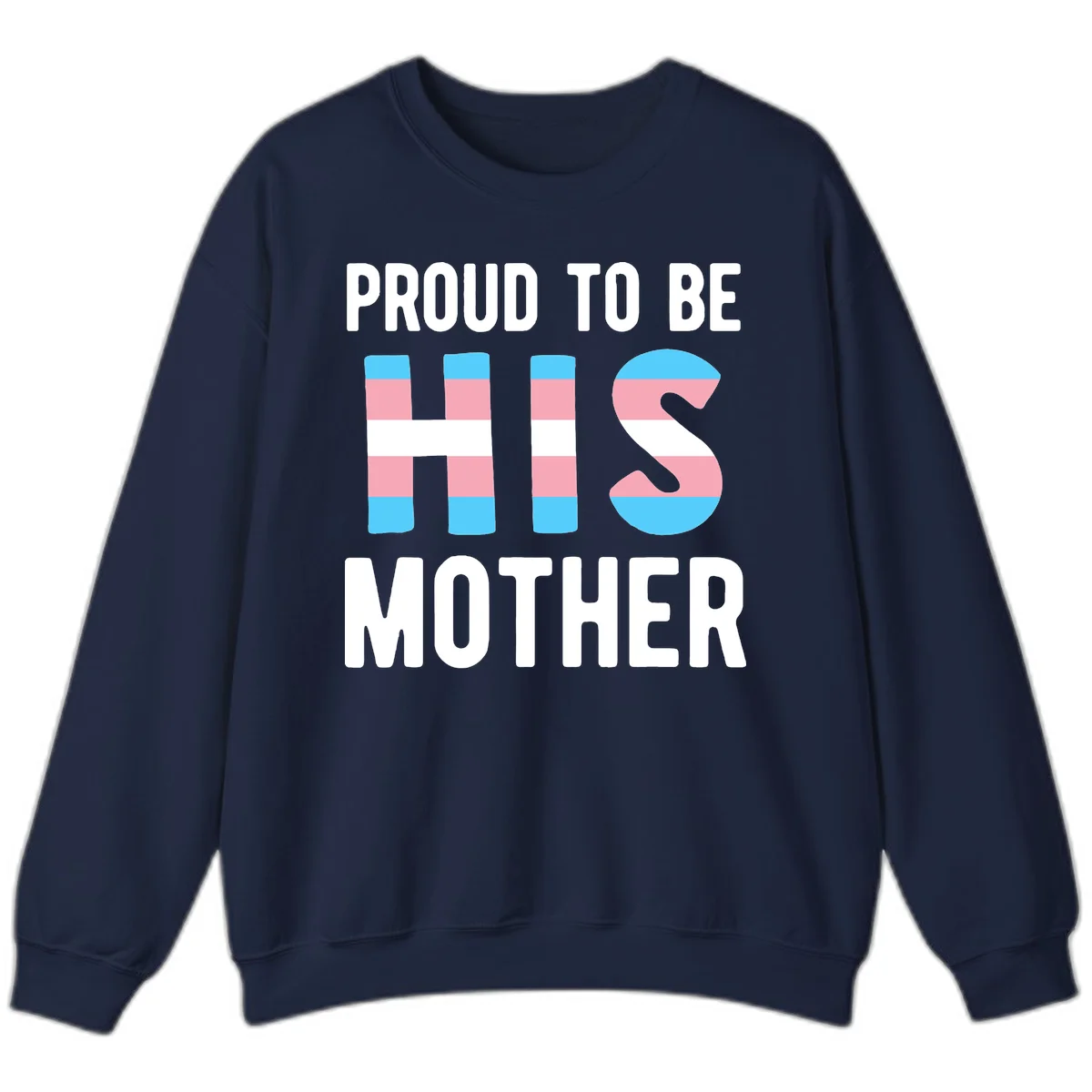 Proud trans mother design with blue, pink, and white striped cylinders and letter S featuring trans pride flag colors in Navy