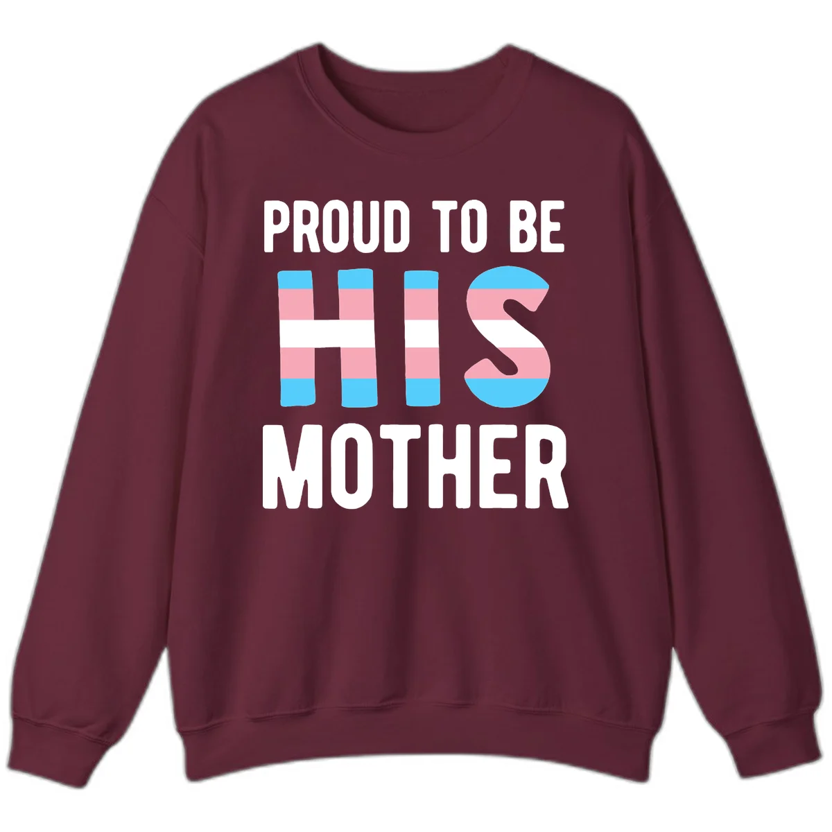 Proud trans mother design with blue, pink, and white striped cylinders and letter S featuring trans pride flag colors in Maroon