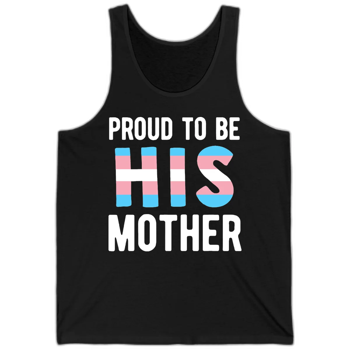 Proud trans mother design with blue, pink, and white striped cylinders and letter S featuring trans pride flag colors in Black