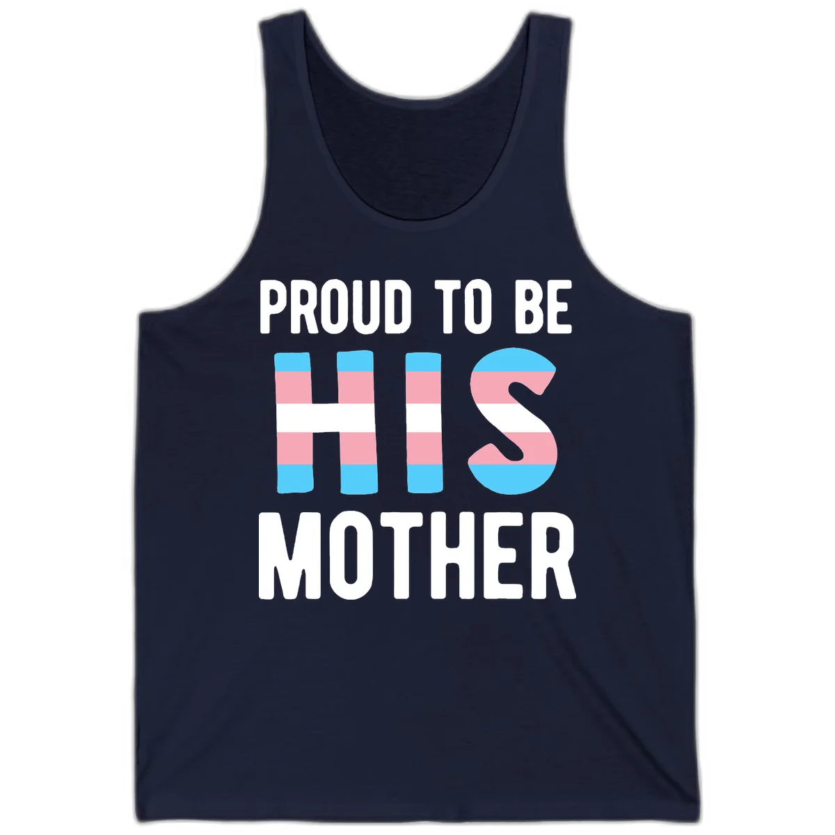Proud trans mother design with blue, pink, and white striped cylinders and letter S featuring trans pride flag colors in Navy