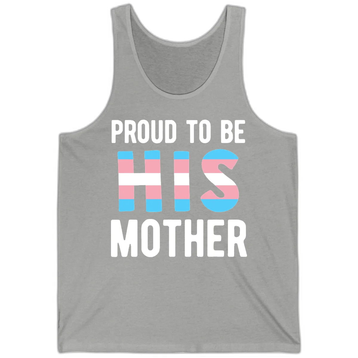 Proud trans mother design with blue, pink, and white striped cylinders and letter S featuring trans pride flag colors in Athletic Heather