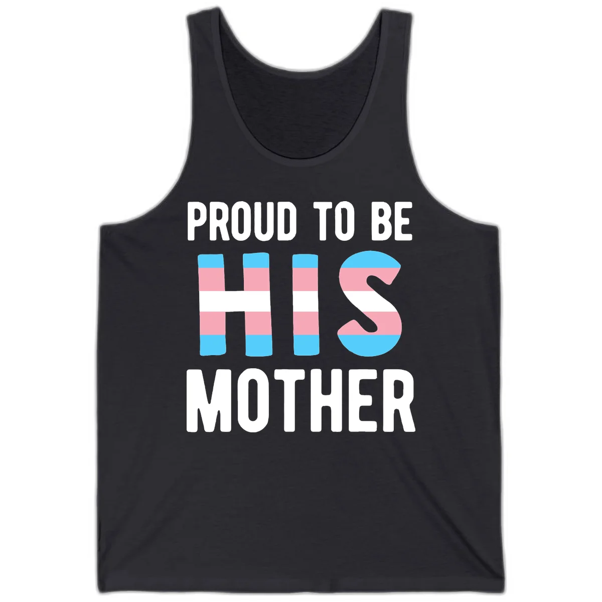 Proud trans mother design with blue, pink, and white striped cylinders and letter S featuring trans pride flag colors in Dark Grey