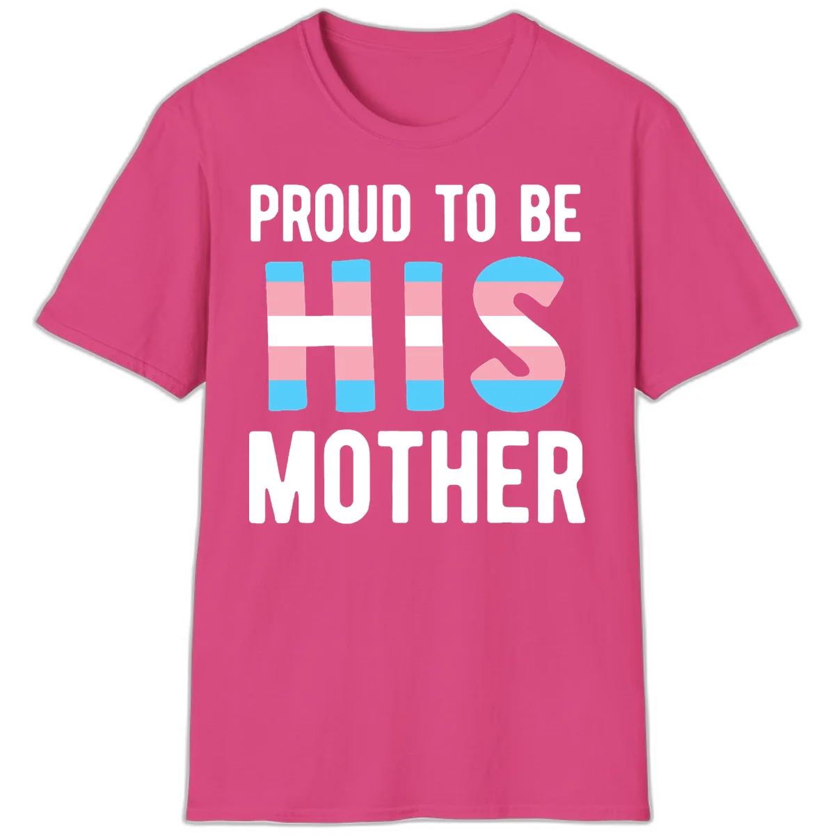 Proud trans mother design with blue, pink, and white striped cylinders and letter S featuring trans pride flag colors in Heliconia