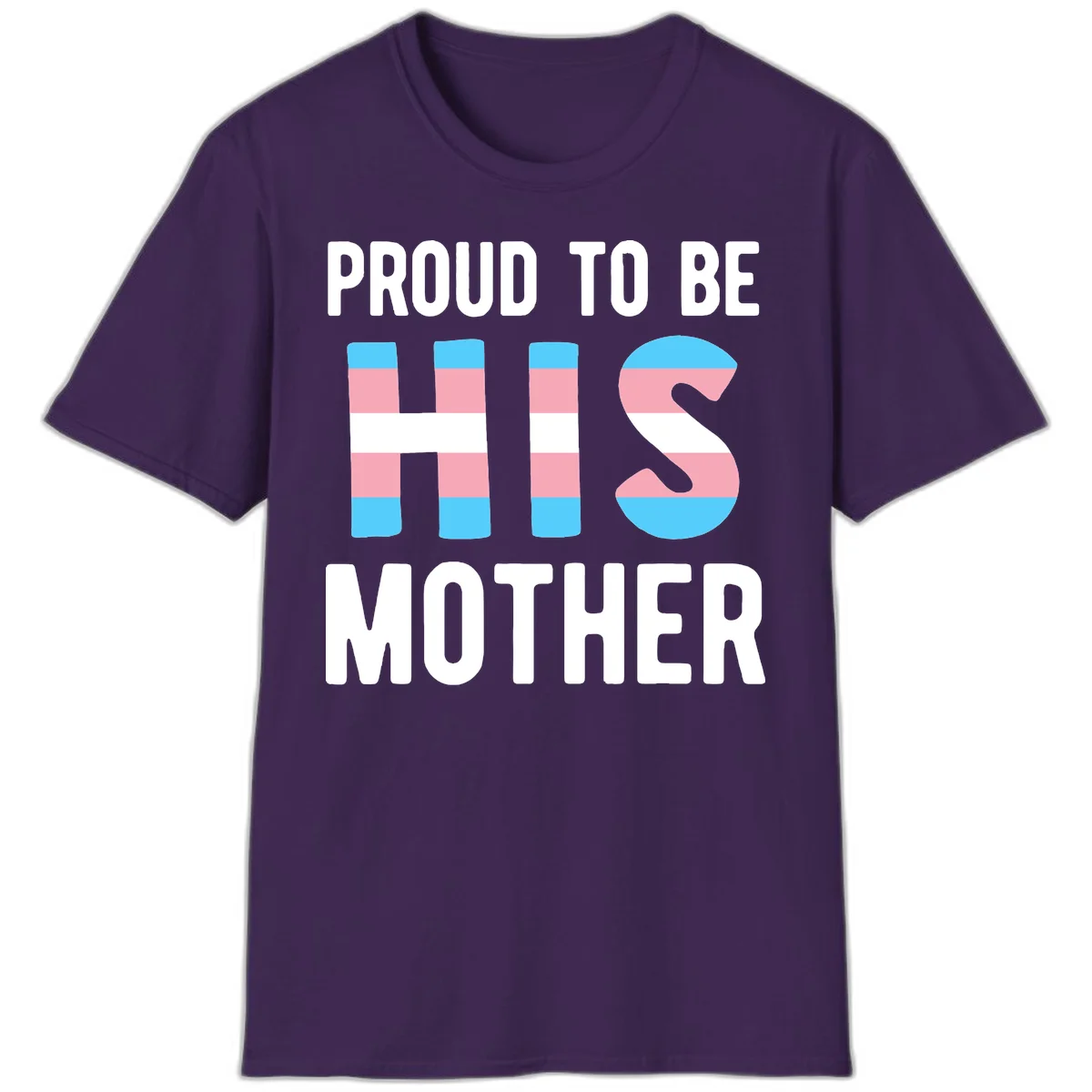 Proud trans mother design with blue, pink, and white striped cylinders and letter S featuring trans pride flag colors in Purple