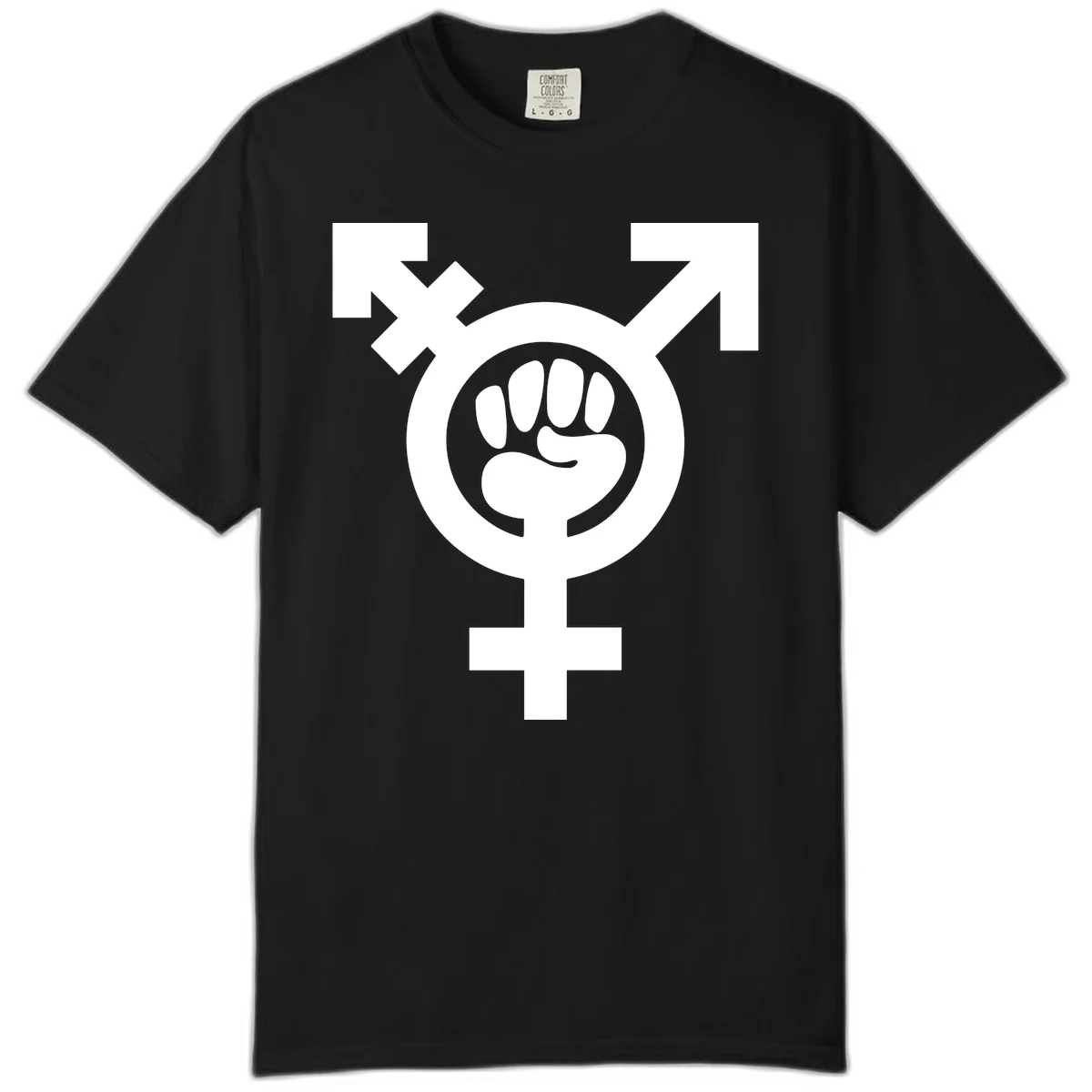 Feminist power fist design: white raised fist merged with female symbol inside circular badge on gray background in Black