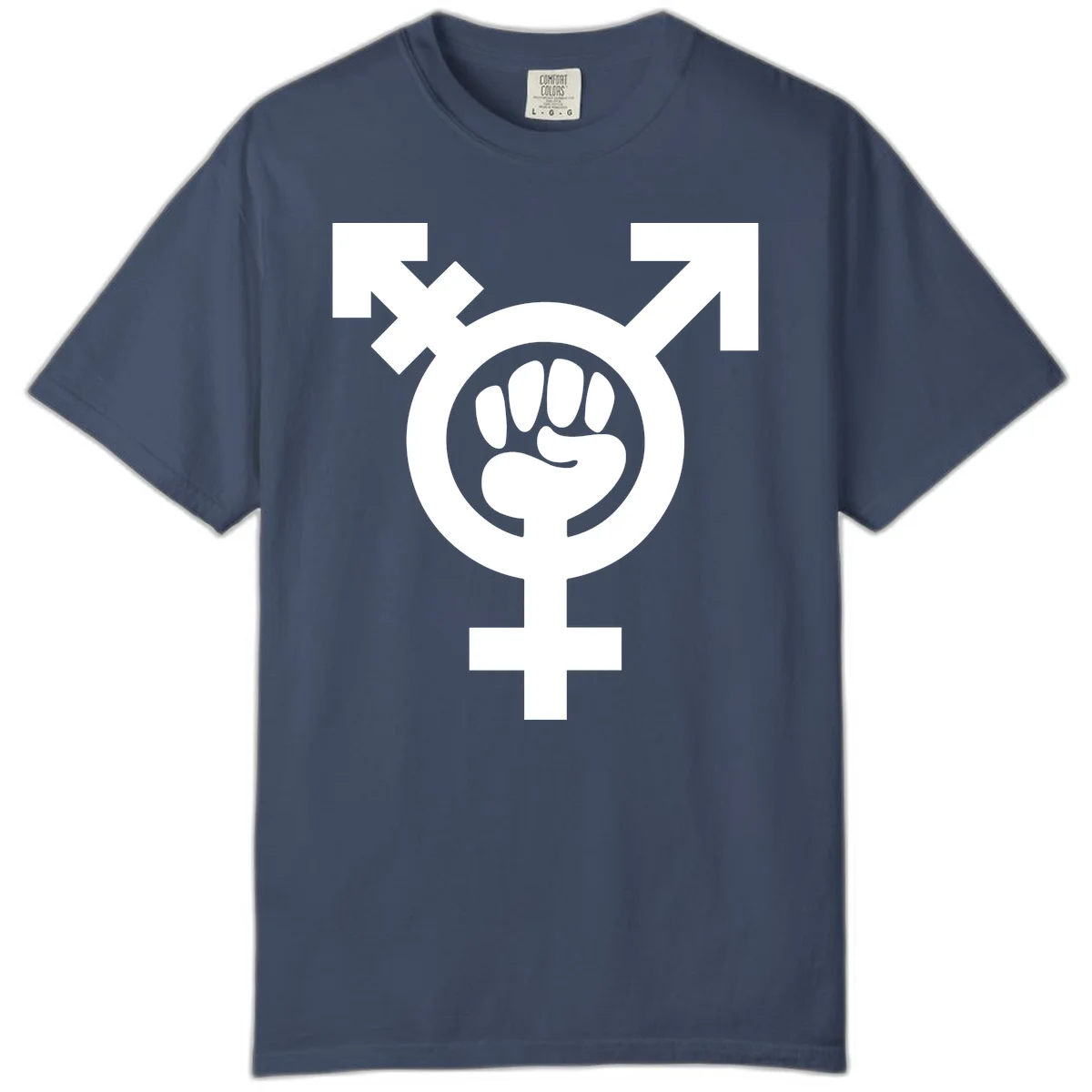 Feminist power fist design: white raised fist merged with female symbol inside circular badge on gray background in Midnight