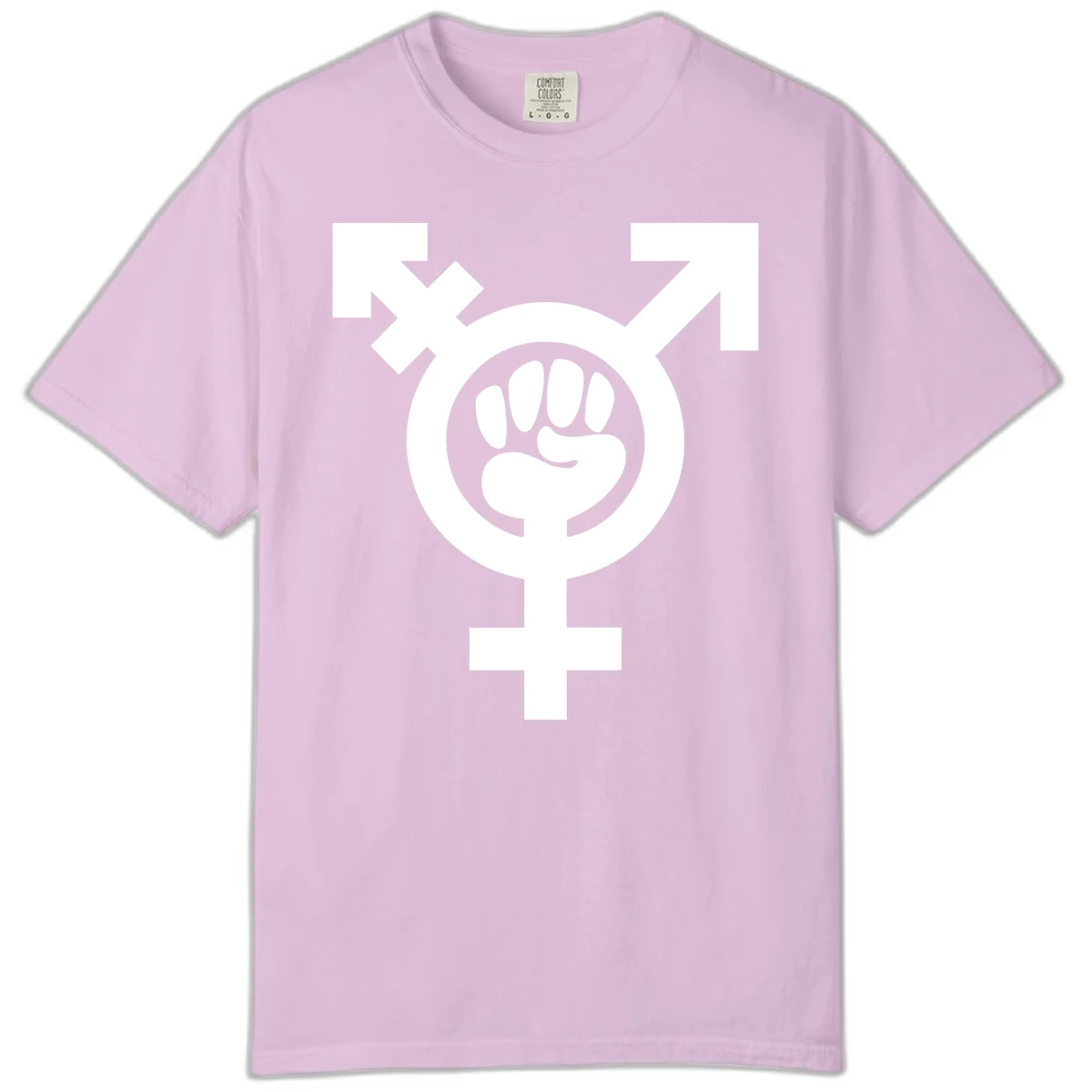 Feminist power fist design: white raised fist merged with female symbol inside circular badge on gray background in Orchid