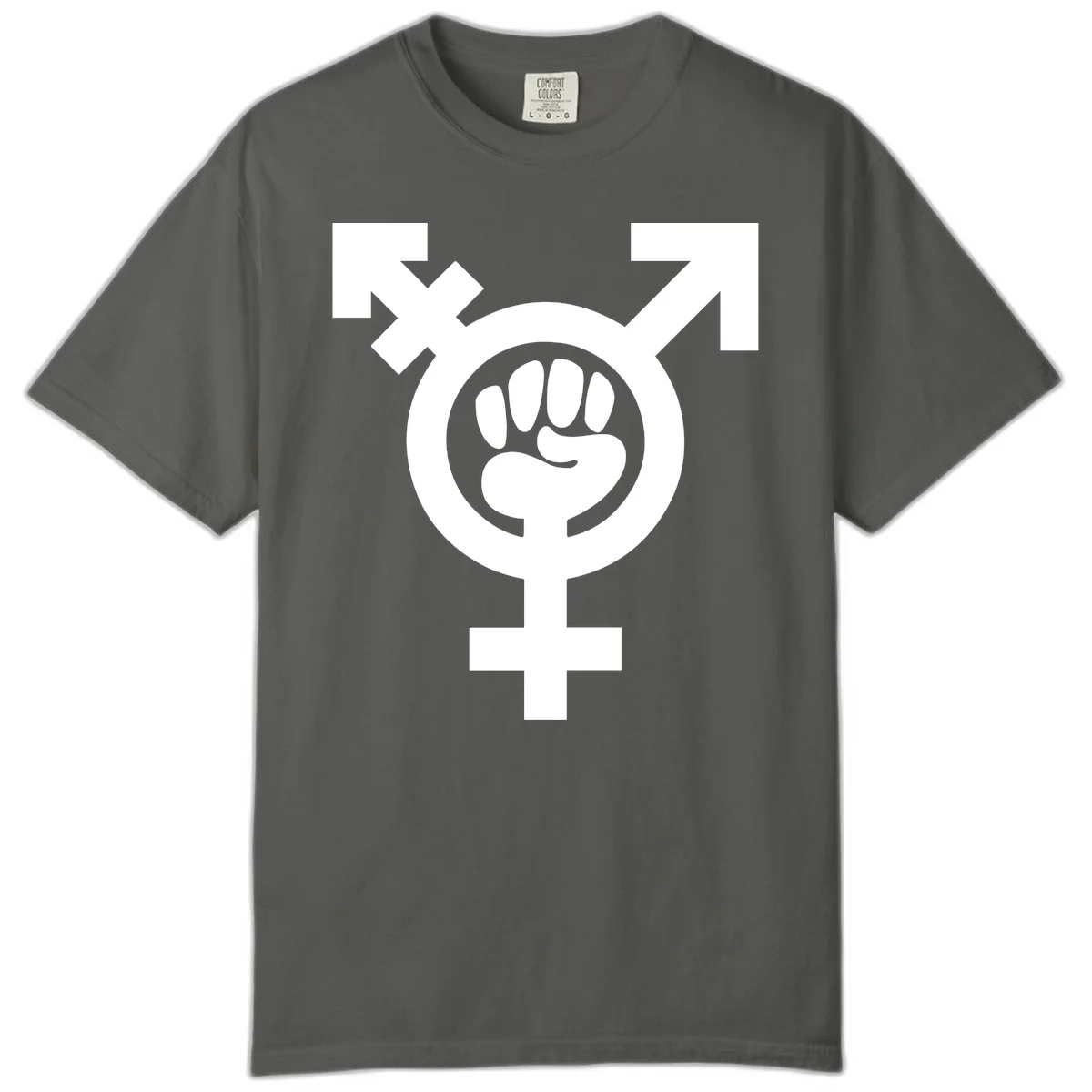 Feminist power fist design: white raised fist merged with female symbol inside circular badge on gray background in Pepper