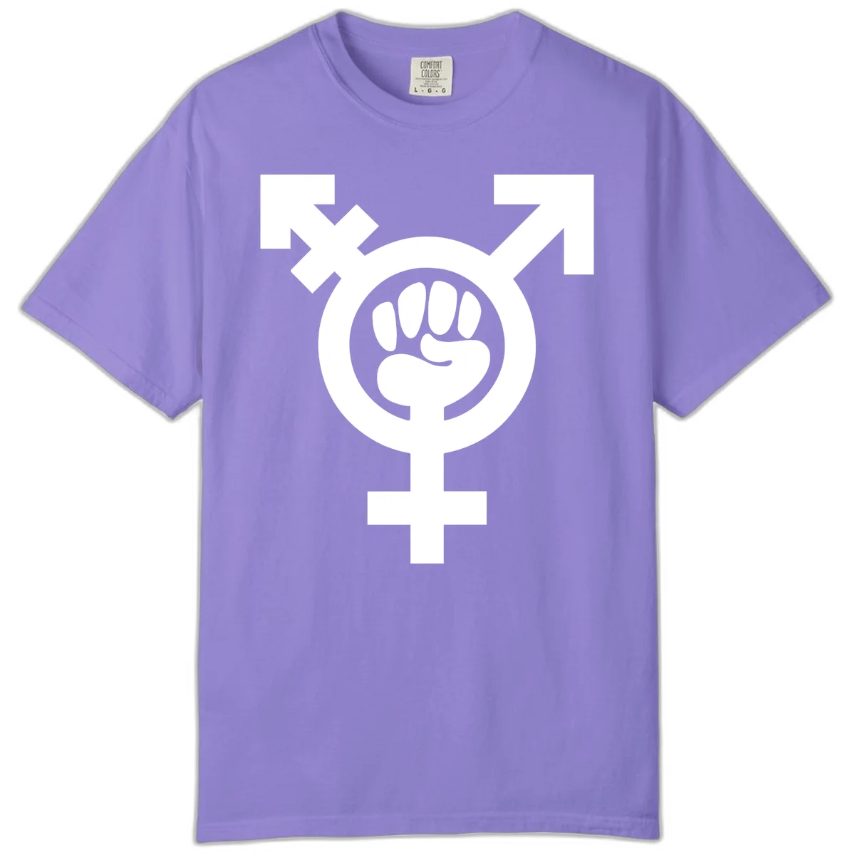 Feminist power fist design: white raised fist merged with female symbol inside circular badge on gray background in Violet