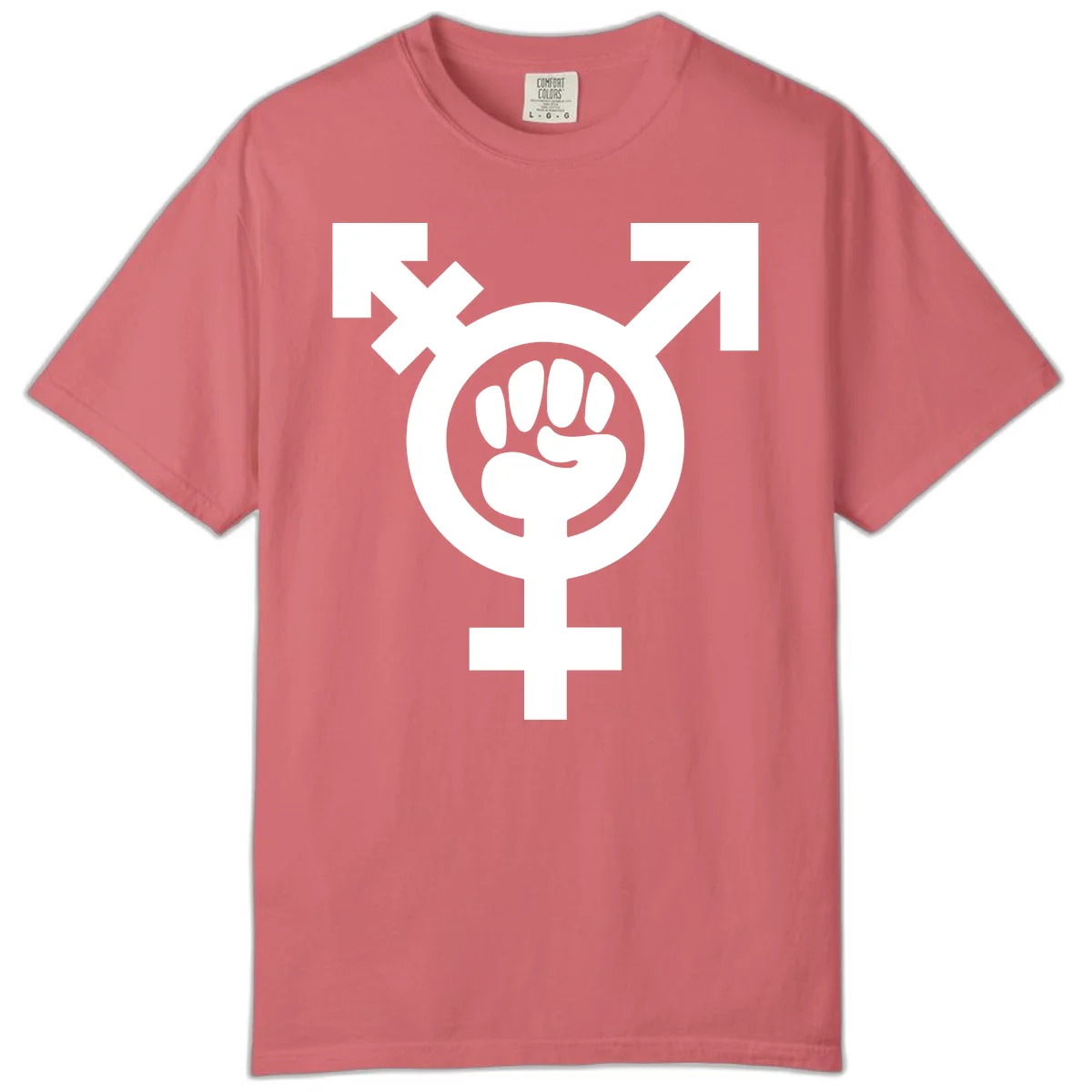 Feminist power fist design: white raised fist merged with female symbol inside circular badge on gray background in Watermelon