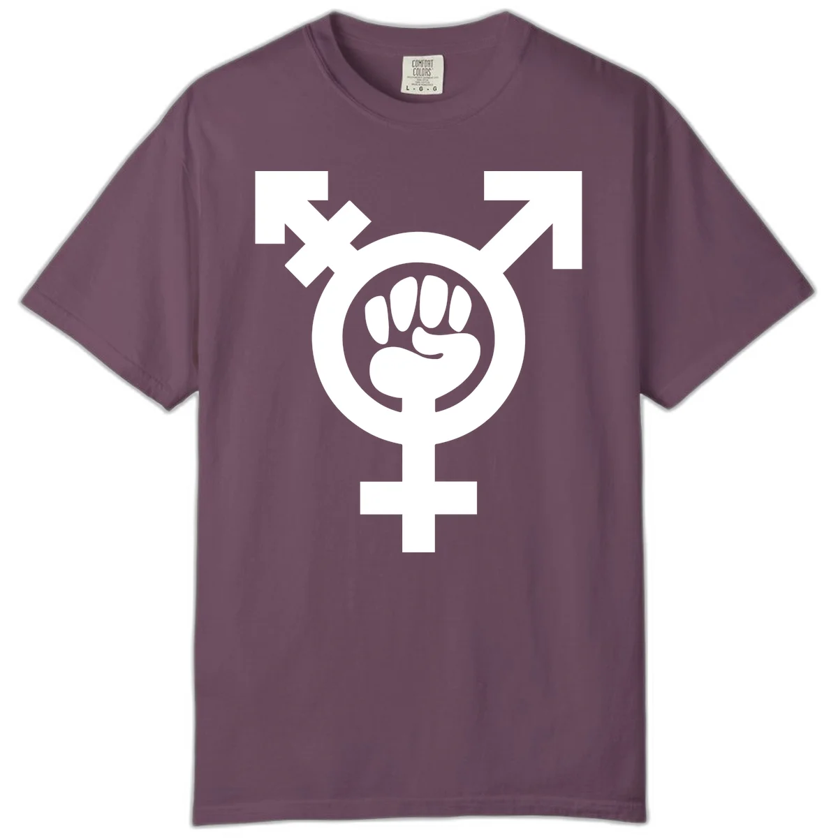 Feminist power fist design: white raised fist merged with female symbol inside circular badge on gray background in Berry