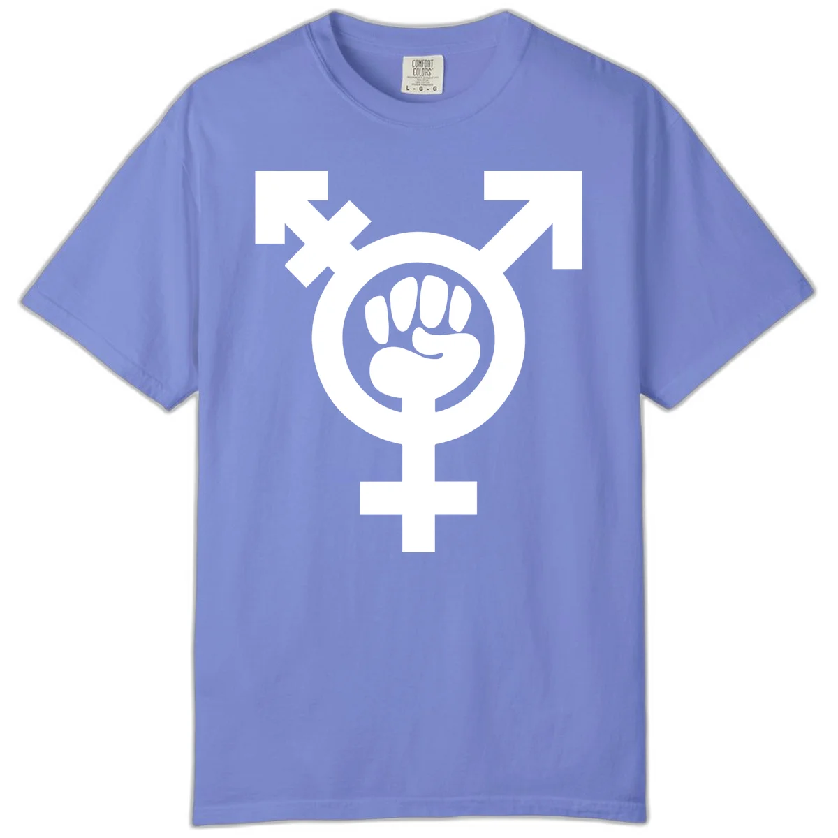 Feminist power fist design: white raised fist merged with female symbol inside circular badge on gray background in Flo Blue