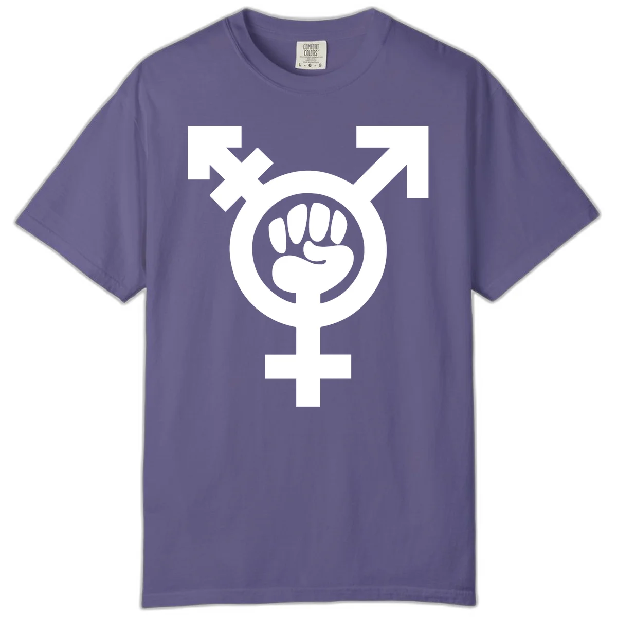 Feminist power fist design: white raised fist merged with female symbol inside circular badge on gray background in Grape