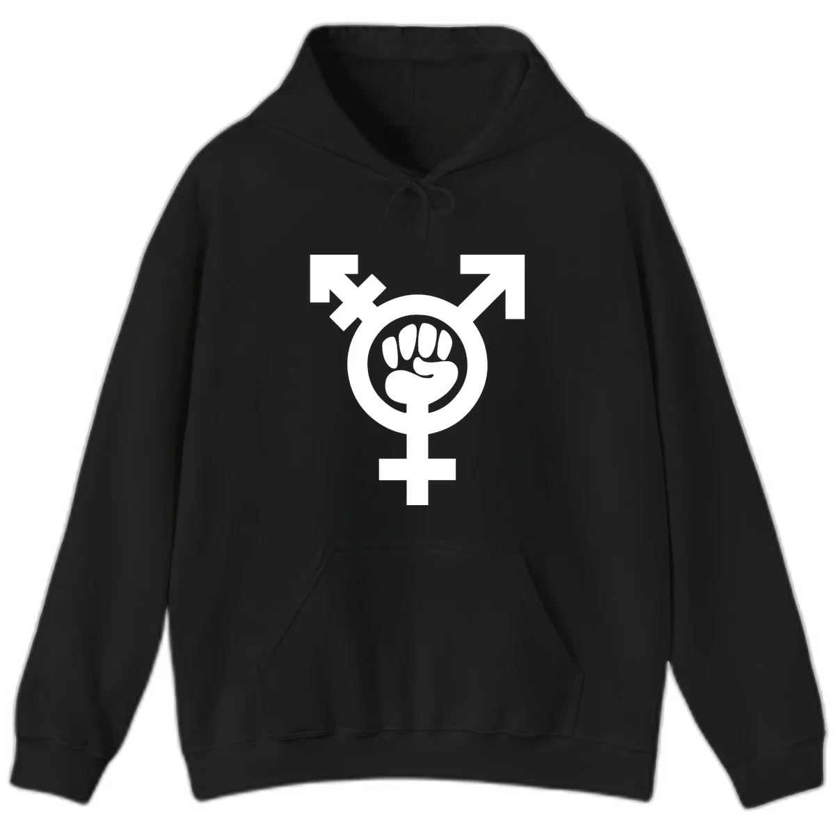 Feminist power fist design: white raised fist merged with female symbol inside circular badge on gray background in Black