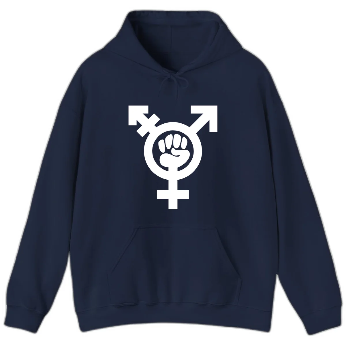 Feminist power fist design: white raised fist merged with female symbol inside circular badge on gray background in Navy