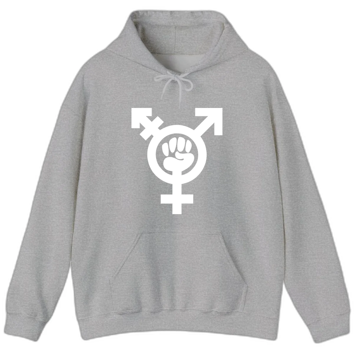 Feminist power fist design: white raised fist merged with female symbol inside circular badge on gray background in Sport Grey