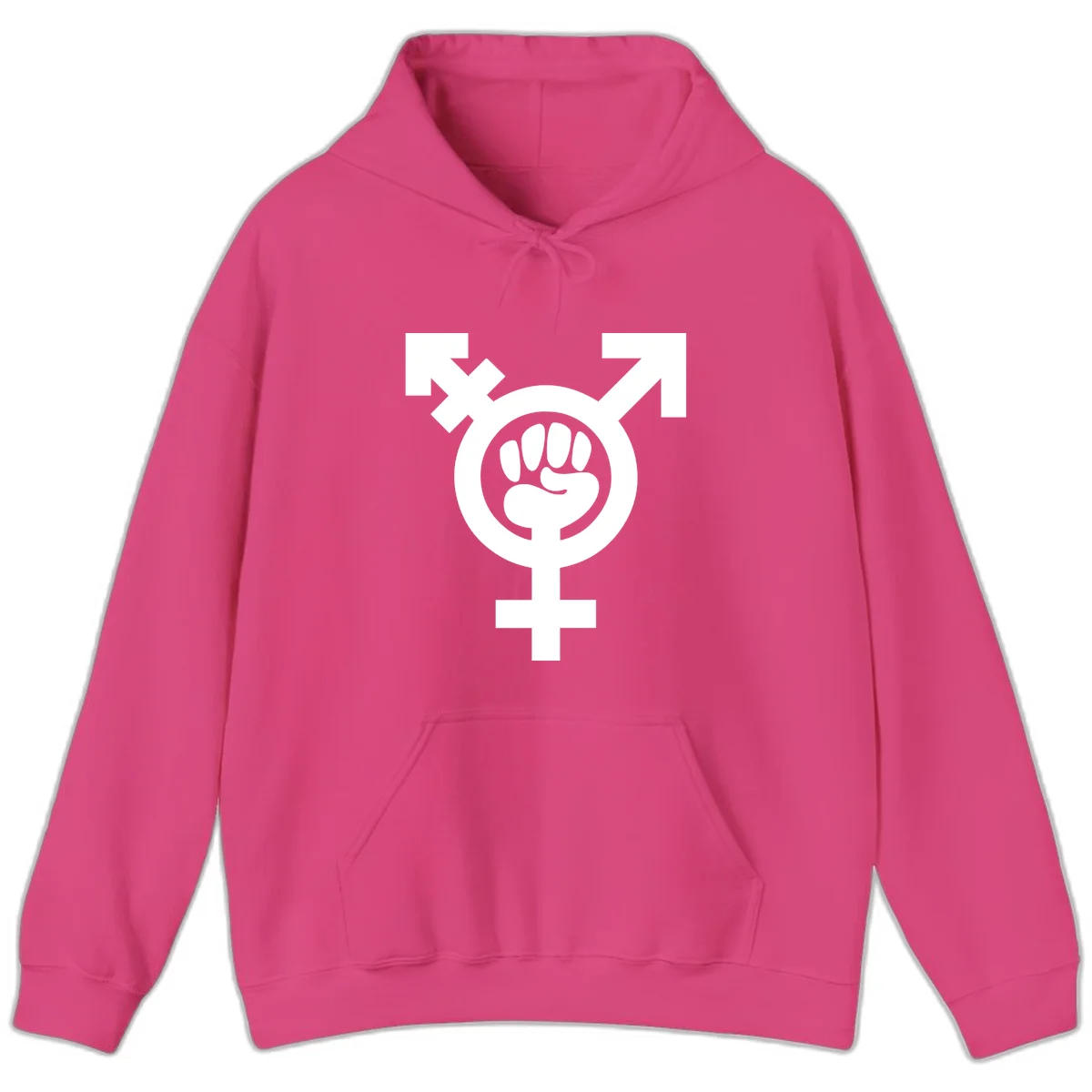 Feminist power fist design: white raised fist merged with female symbol inside circular badge on gray background in Heliconia