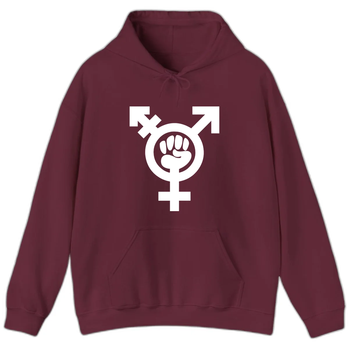 Feminist power fist design: white raised fist merged with female symbol inside circular badge on gray background in Maroon