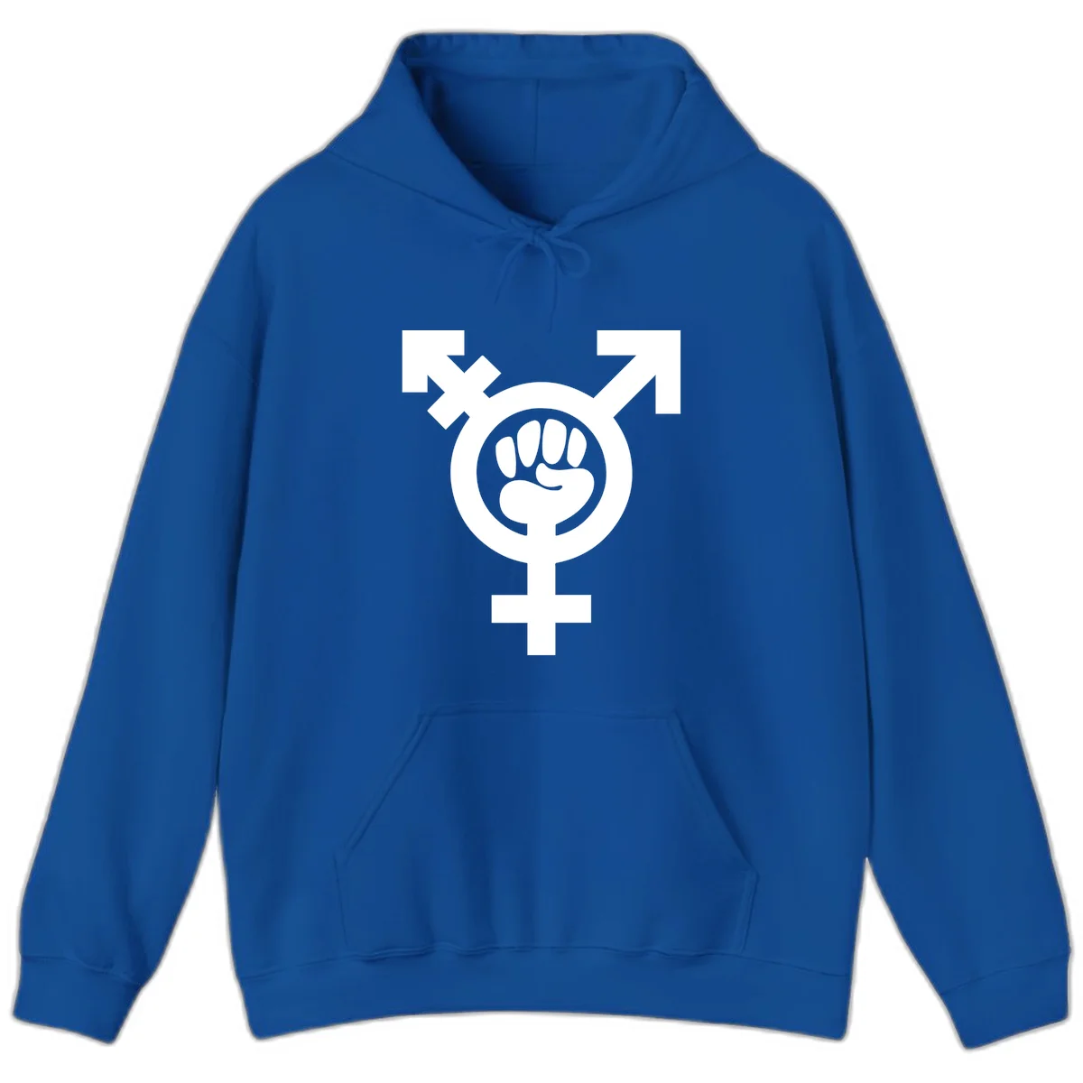 Feminist power fist design: white raised fist merged with female symbol inside circular badge on gray background in Royal