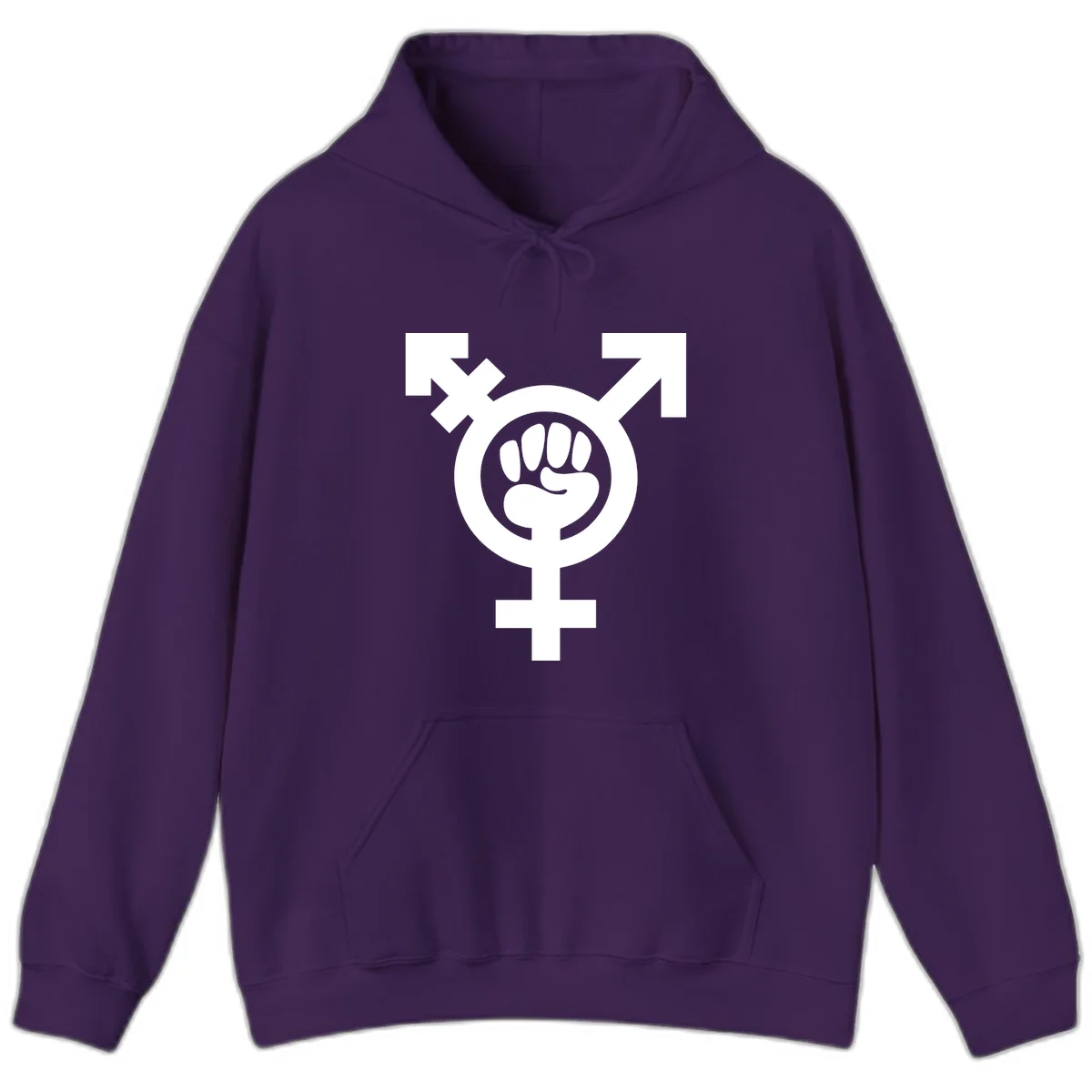 Feminist power fist design: white raised fist merged with female symbol inside circular badge on gray background in Purple
