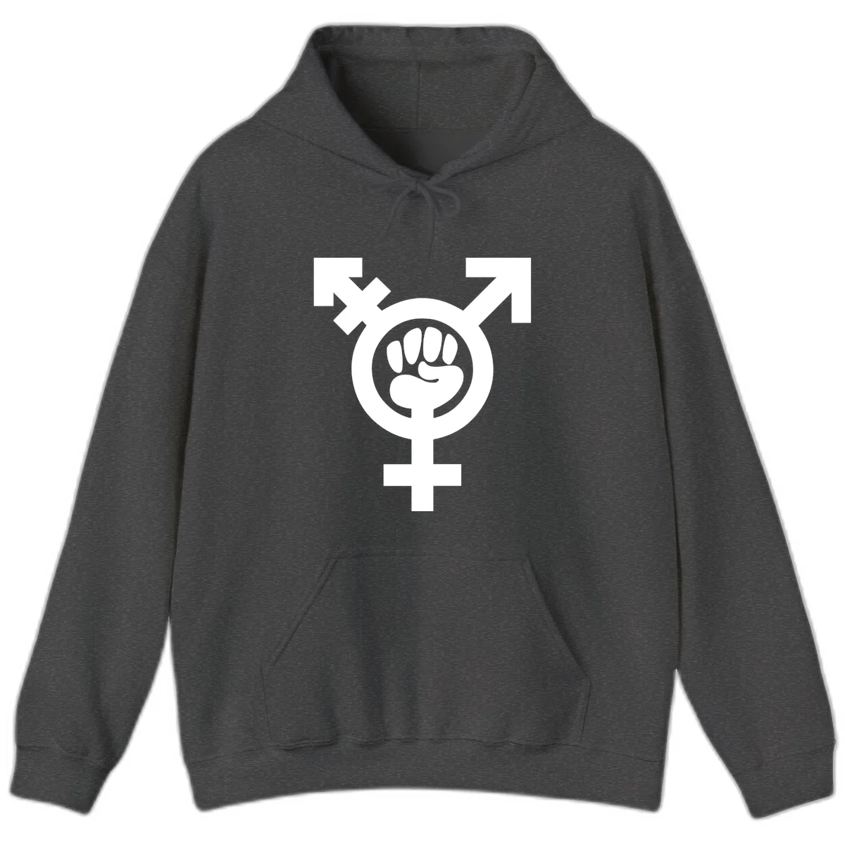Feminist power fist design: white raised fist merged with female symbol inside circular badge on gray background in Dark Heather