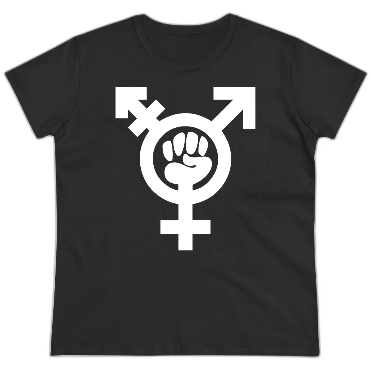 Feminist power fist design: white raised fist merged with female symbol inside circular badge on gray background in Black
