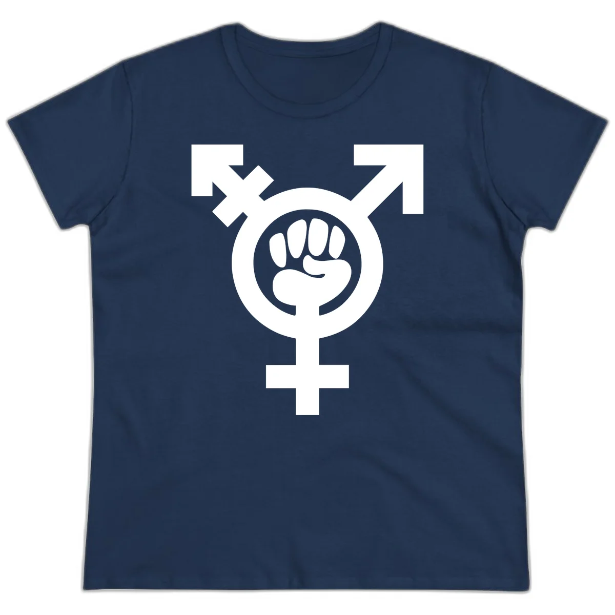 Feminist power fist design: white raised fist merged with female symbol inside circular badge on gray background in Navy