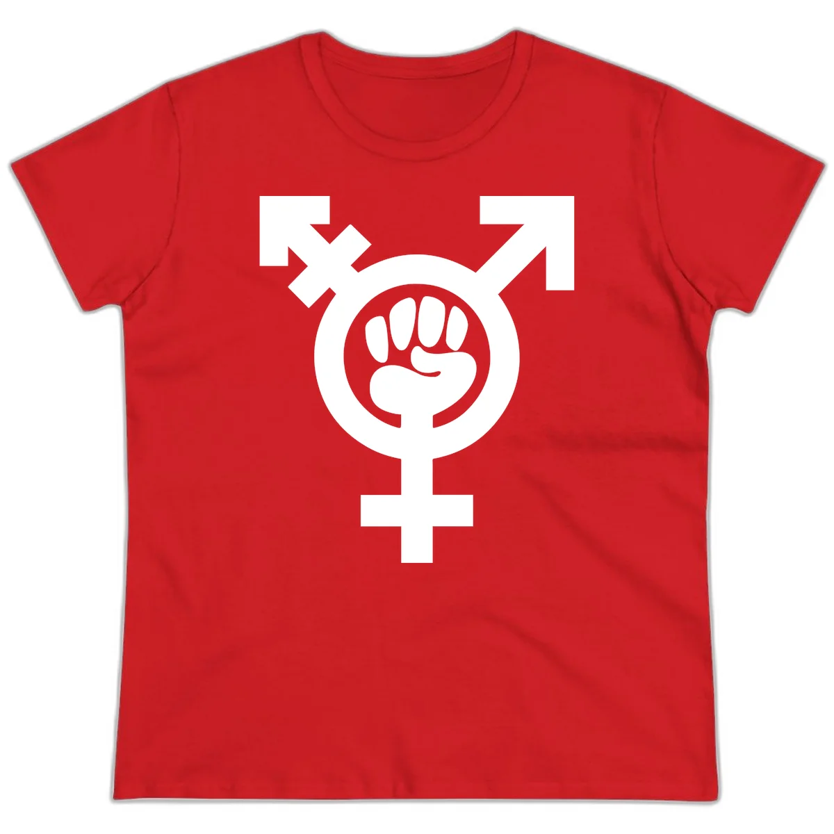 Feminist power fist design: white raised fist merged with female symbol inside circular badge on gray background in Red