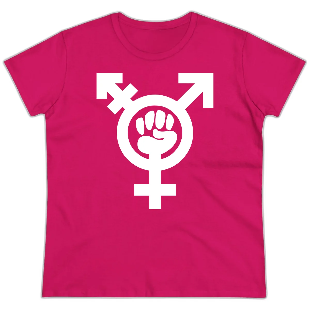 Feminist power fist design: white raised fist merged with female symbol inside circular badge on gray background in Heliconia