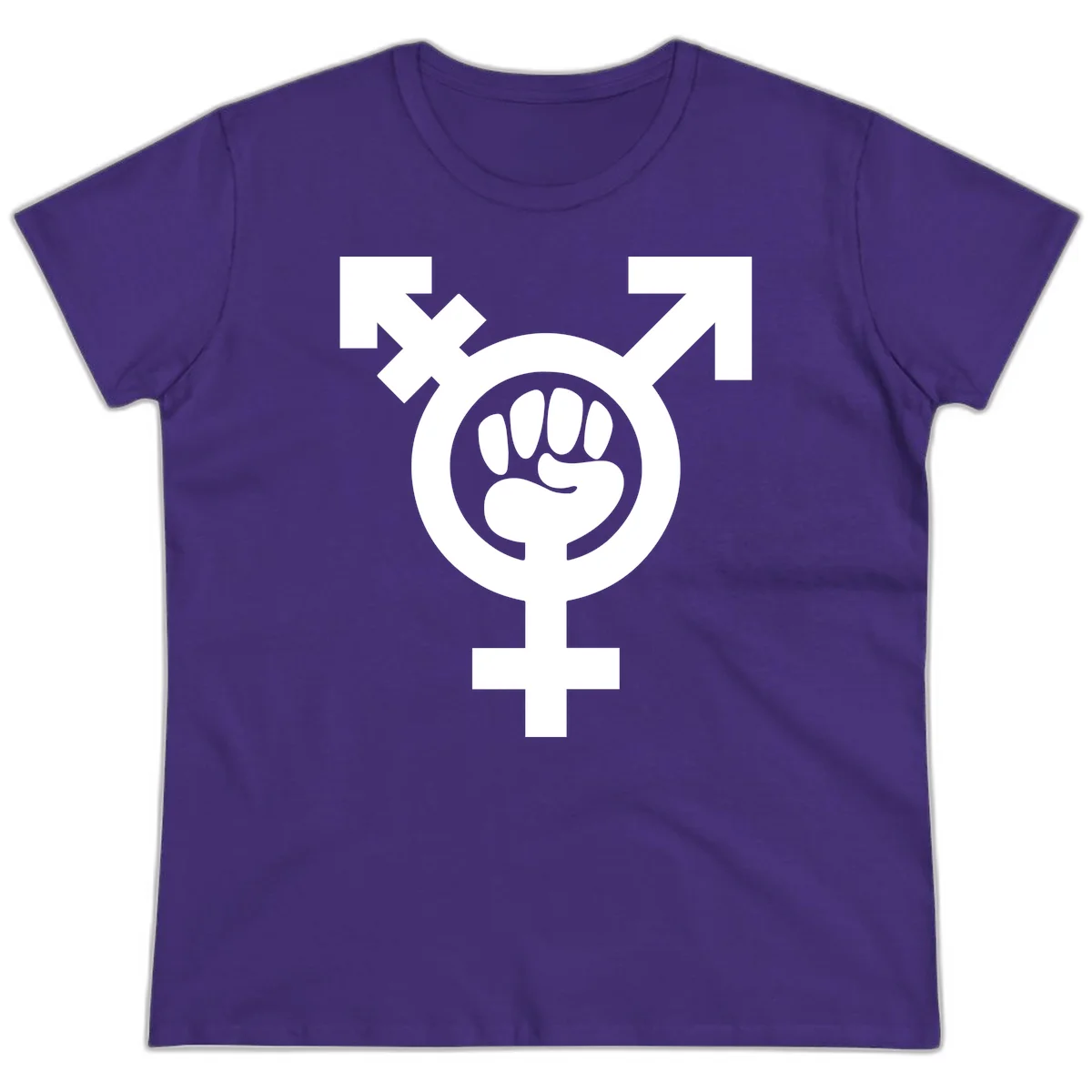 Feminist power fist design: white raised fist merged with female symbol inside circular badge on gray background in Purple