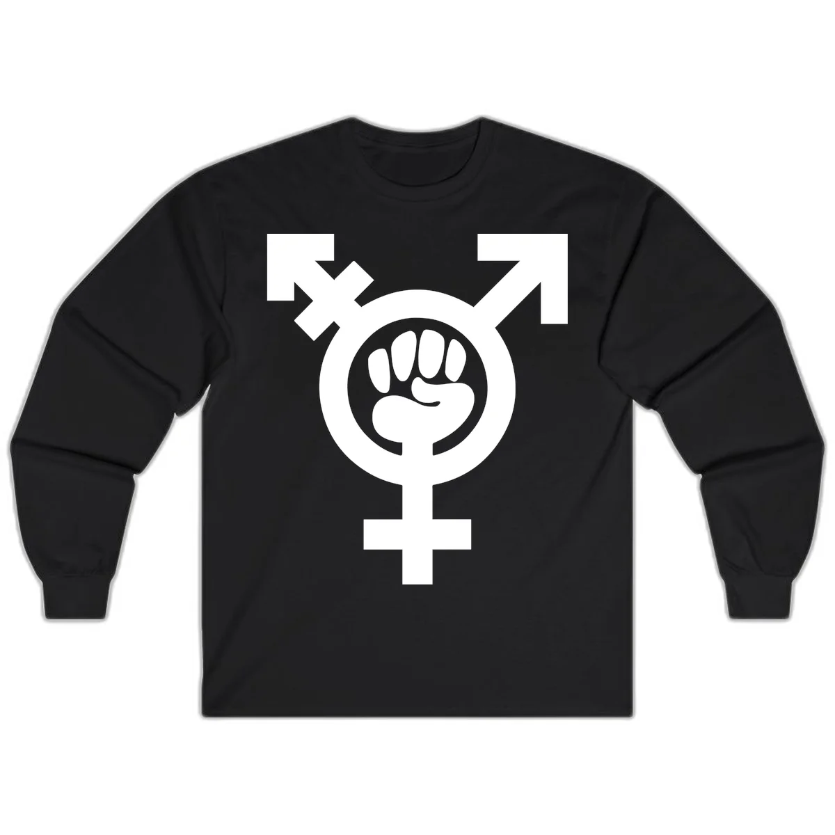 Feminist power fist design: white raised fist merged with female symbol inside circular badge on gray background in Black