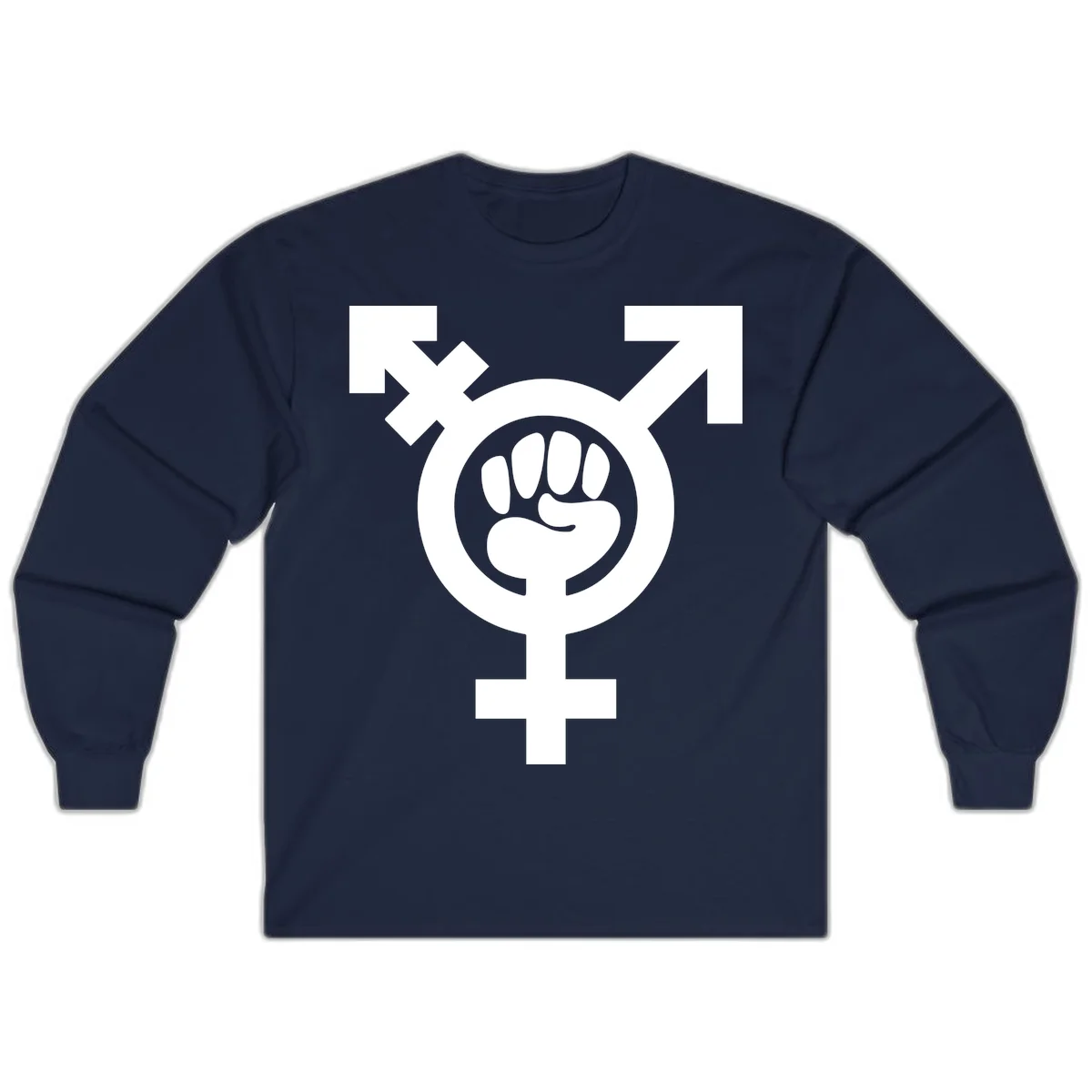 Feminist power fist design: white raised fist merged with female symbol inside circular badge on gray background in Navy