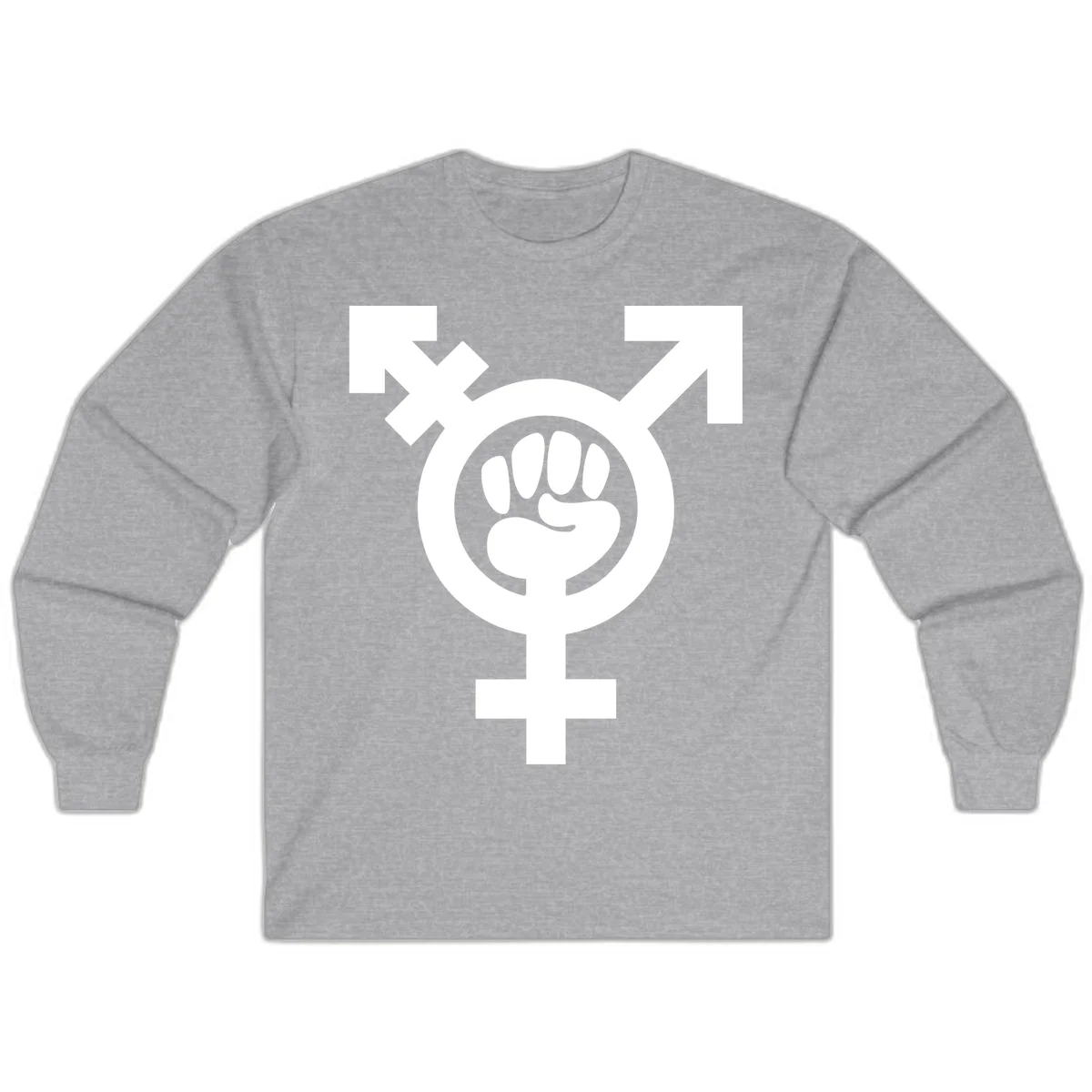 Feminist power fist design: white raised fist merged with female symbol inside circular badge on gray background in Sport Grey