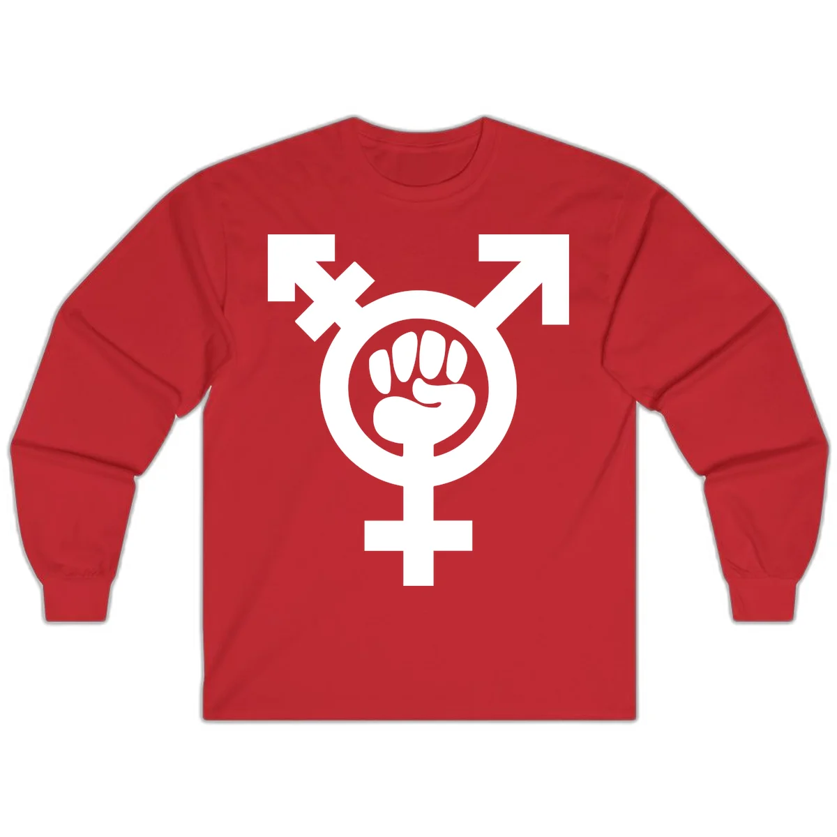 Feminist power fist design: white raised fist merged with female symbol inside circular badge on gray background in Red