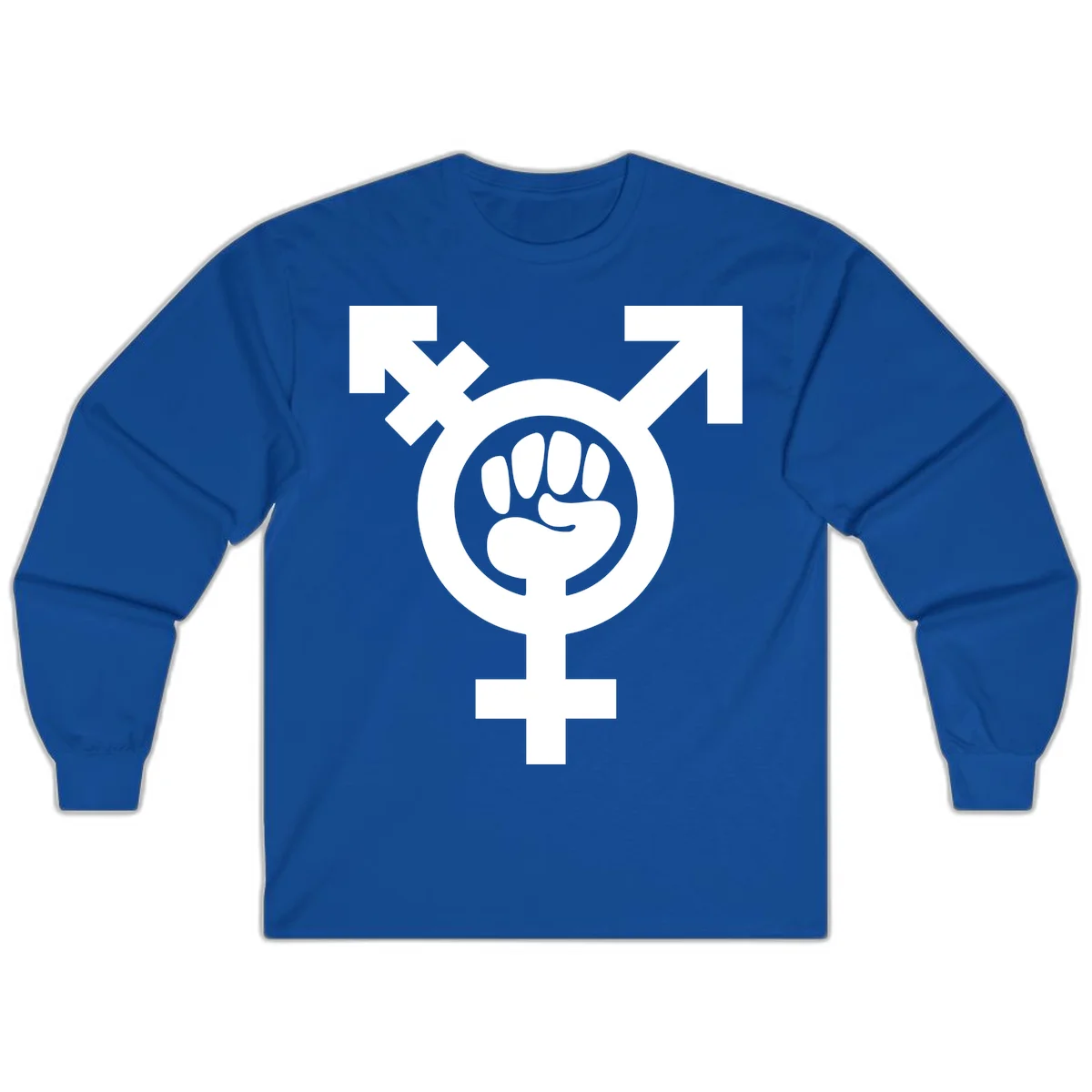 Feminist power fist design: white raised fist merged with female symbol inside circular badge on gray background in Royal