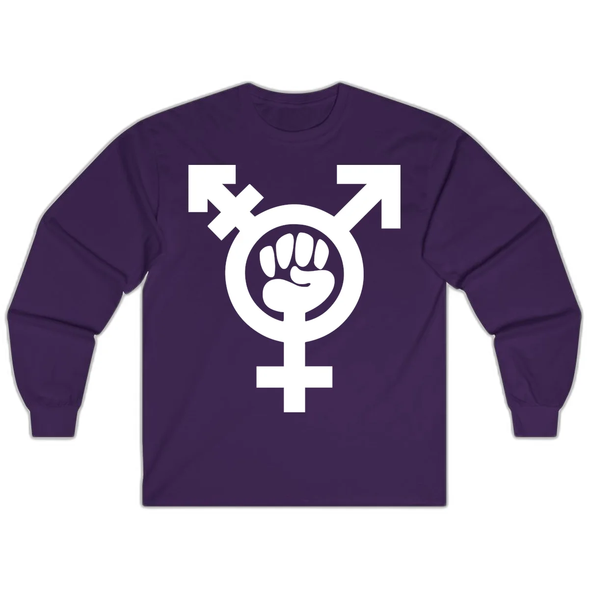 Feminist power fist design: white raised fist merged with female symbol inside circular badge on gray background in Purple