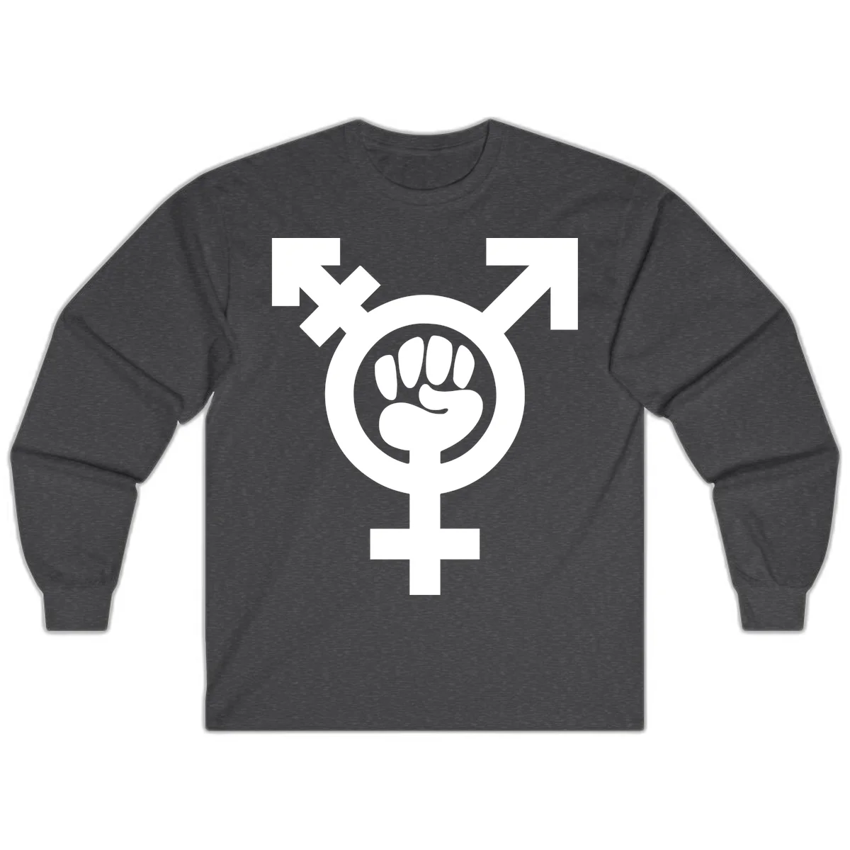Feminist power fist design: white raised fist merged with female symbol inside circular badge on gray background in Dark Heather