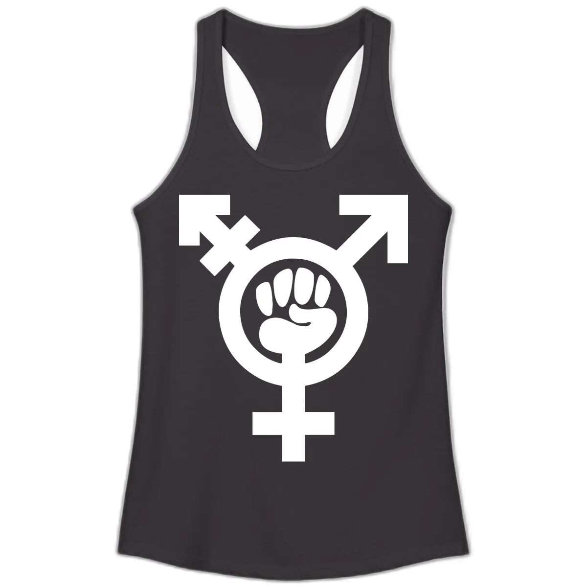 Feminist power fist design: white raised fist merged with female symbol inside circular badge on gray background in Black