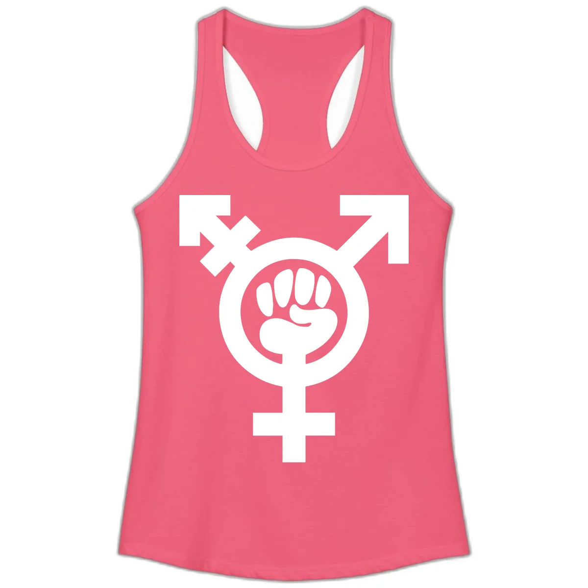 Feminist power fist design: white raised fist merged with female symbol inside circular badge on gray background in Hot Pink