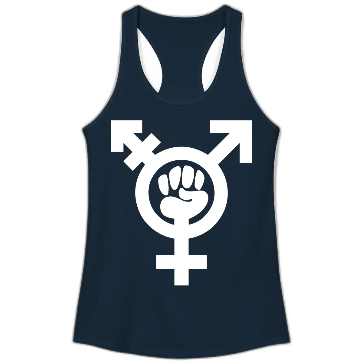 Feminist power fist design: white raised fist merged with female symbol inside circular badge on gray background in Solid Midnight Navy