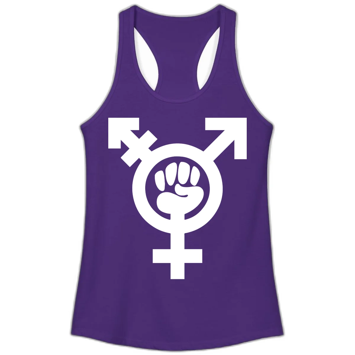 Feminist power fist design: white raised fist merged with female symbol inside circular badge on gray background in Solid Purple Rush