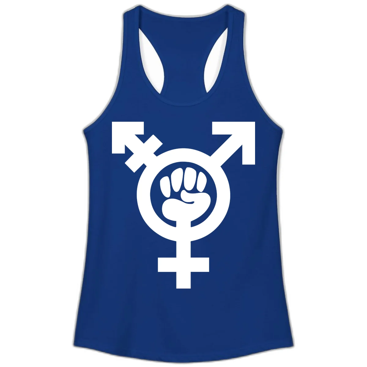 Feminist power fist design: white raised fist merged with female symbol inside circular badge on gray background in Solid Royal