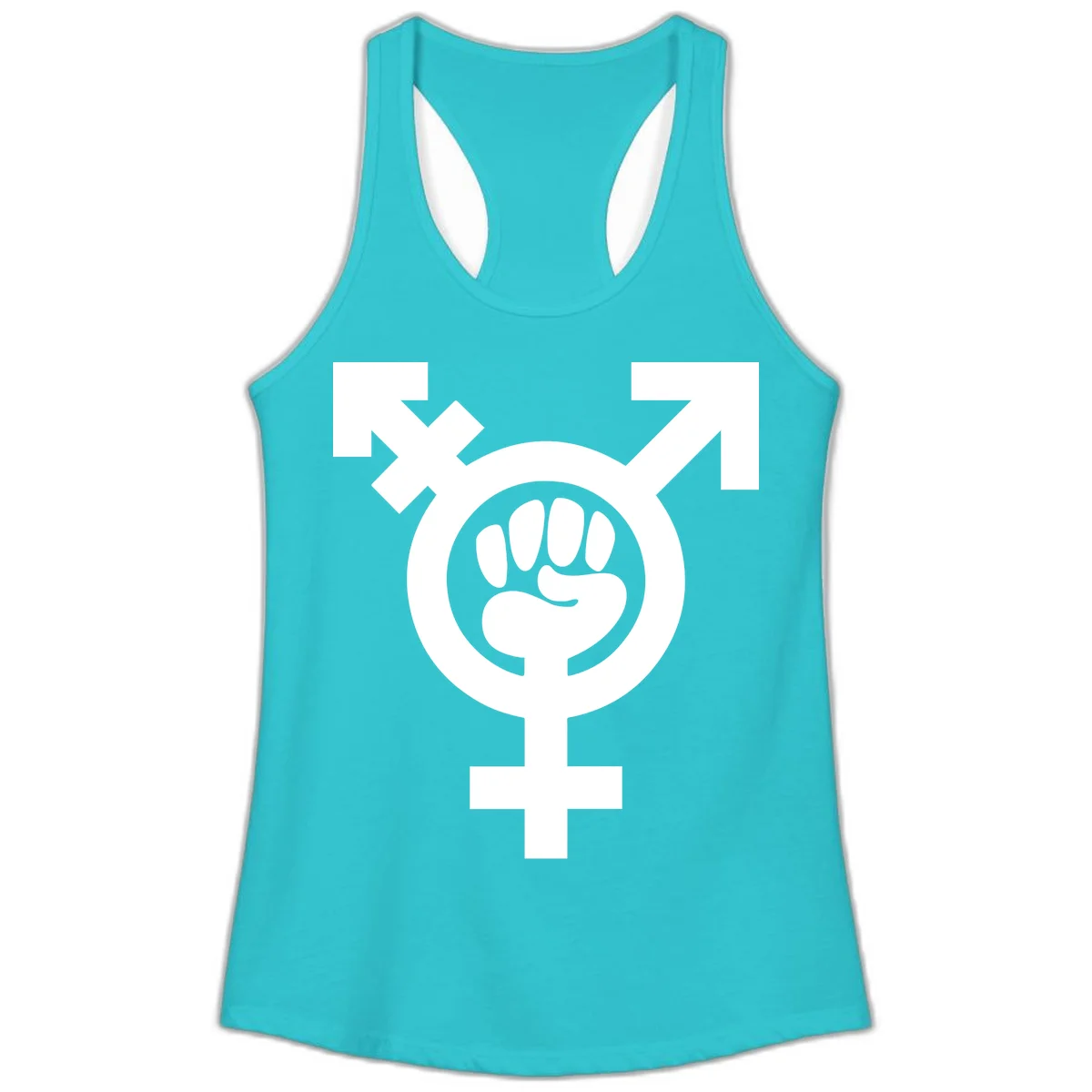 Feminist power fist design: white raised fist merged with female symbol inside circular badge on gray background in Solid Tahiti Blue
