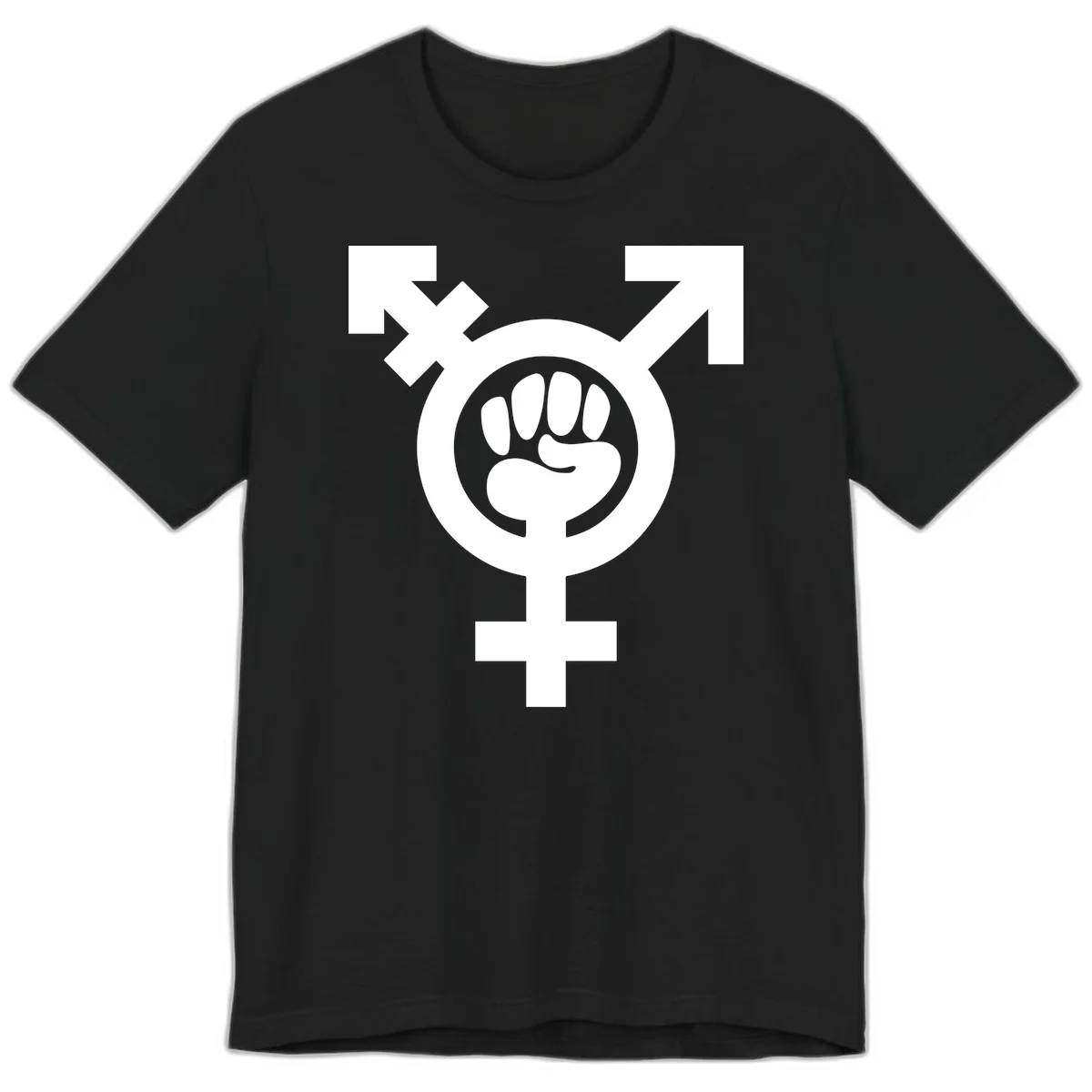 Feminist power fist design: white raised fist merged with female symbol inside circular badge on gray background in Black