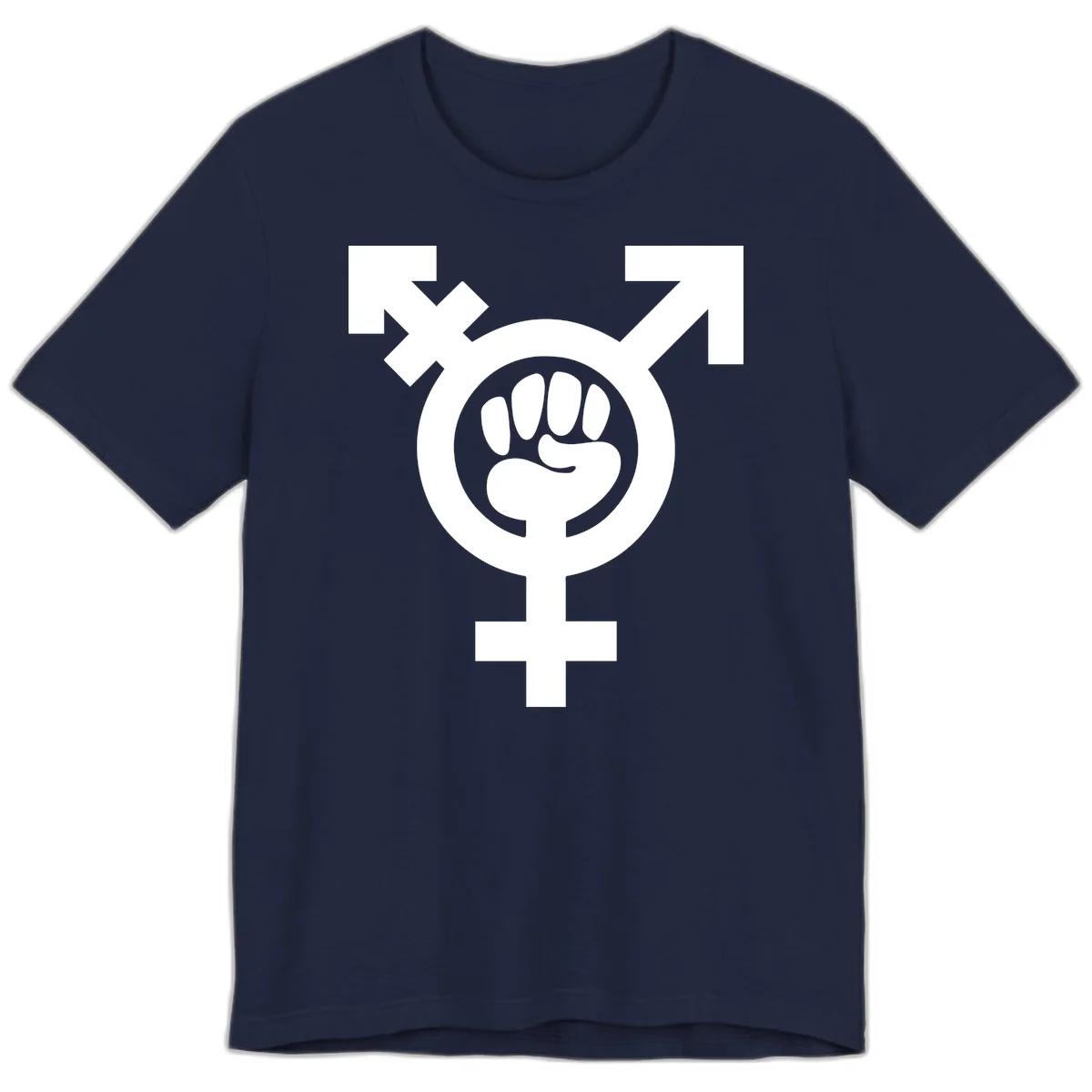 Feminist power fist design: white raised fist merged with female symbol inside circular badge on gray background in Navy